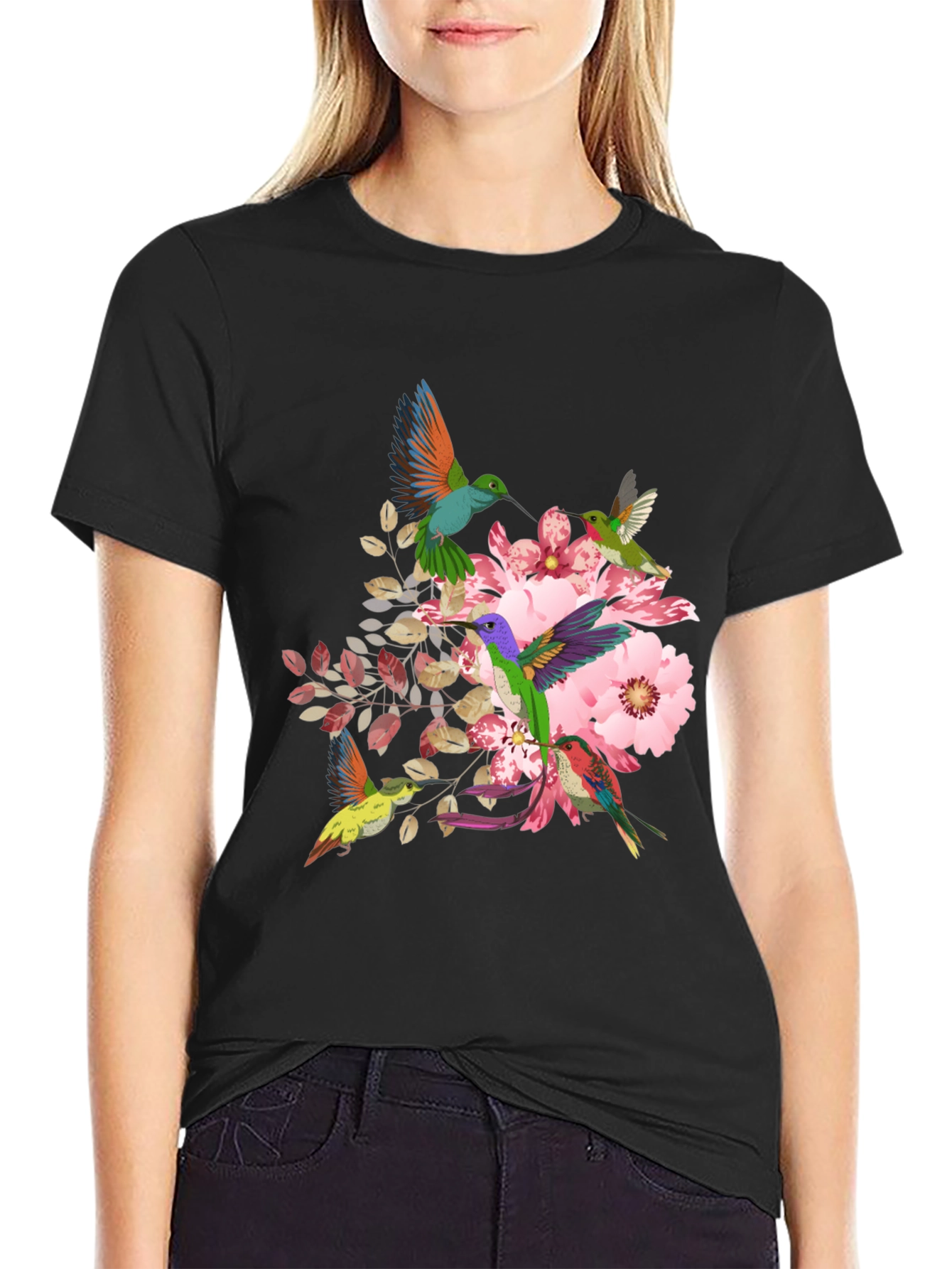 Hummingbird Floral Print Black T-Shirt