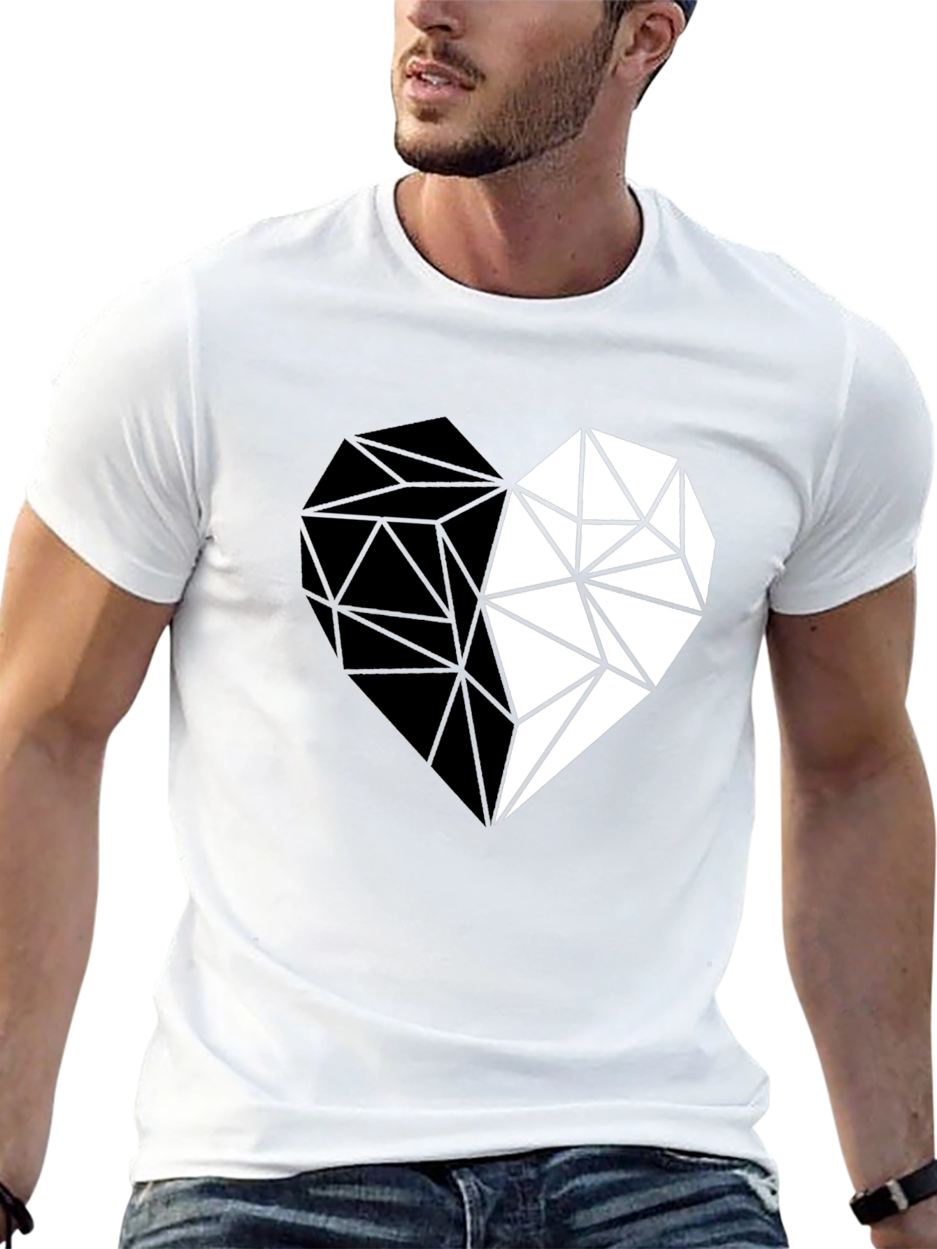Geometric Heart Print Black Casual Tee