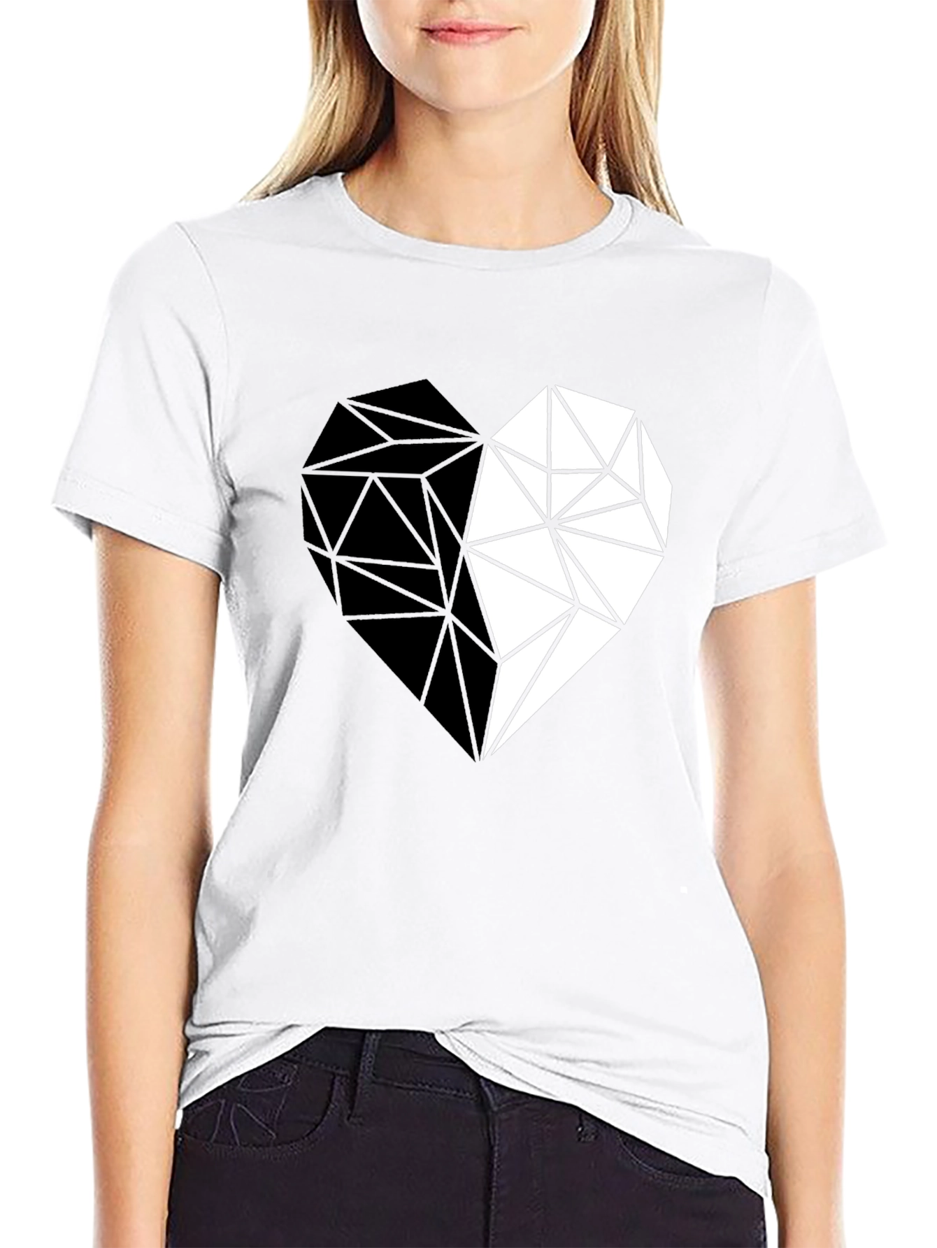 Geometric Heart Print Black Casual Tee
