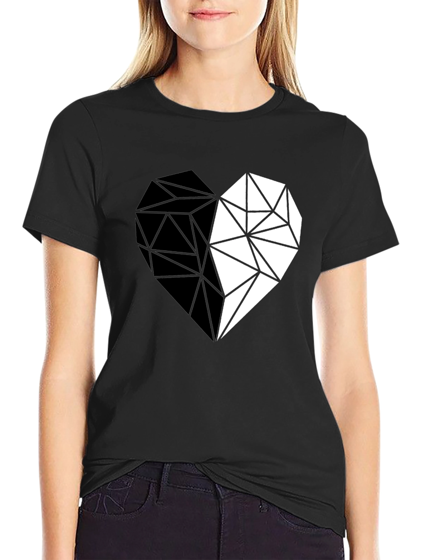 Geometric Heart Print Black Casual Tee