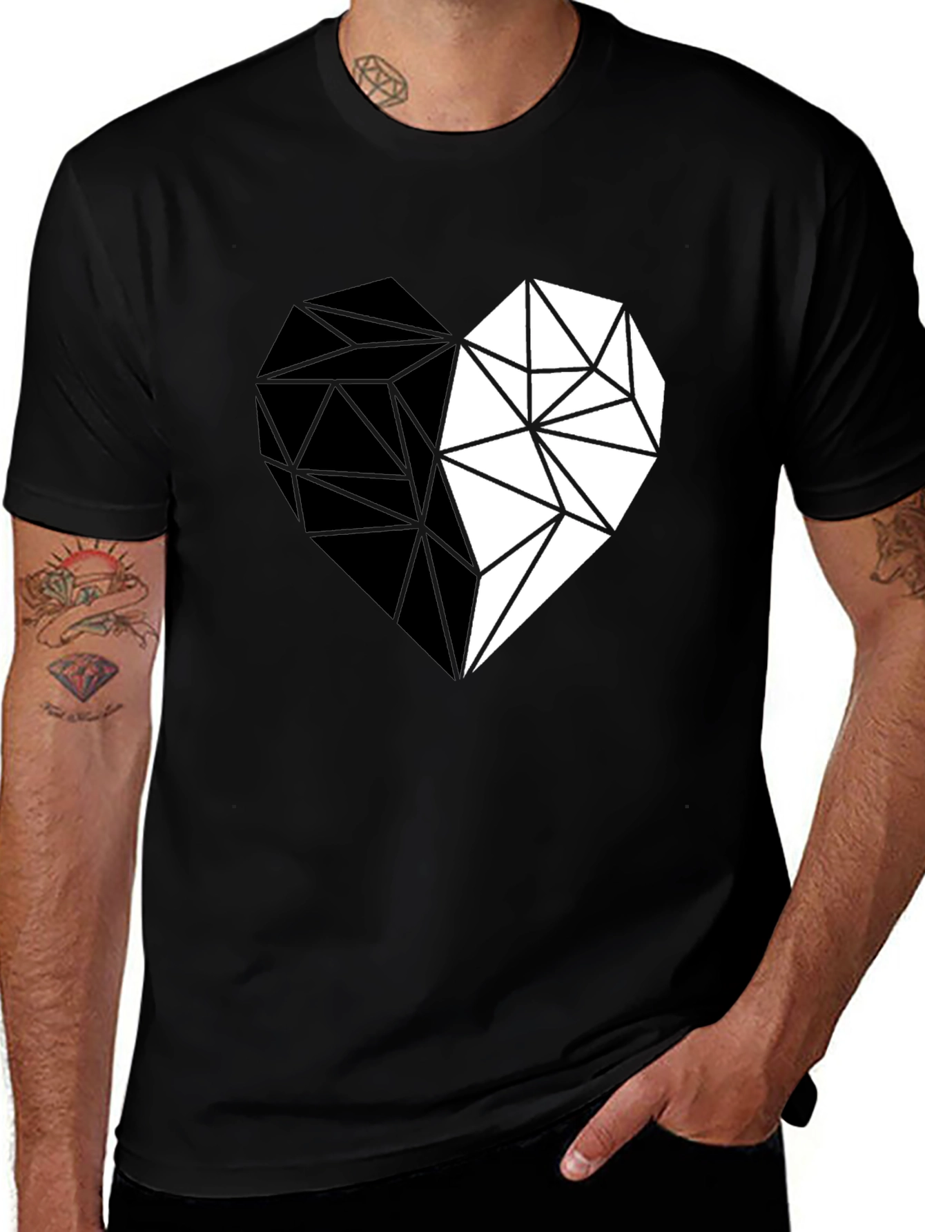 Geometric Heart Print Black Casual Tee