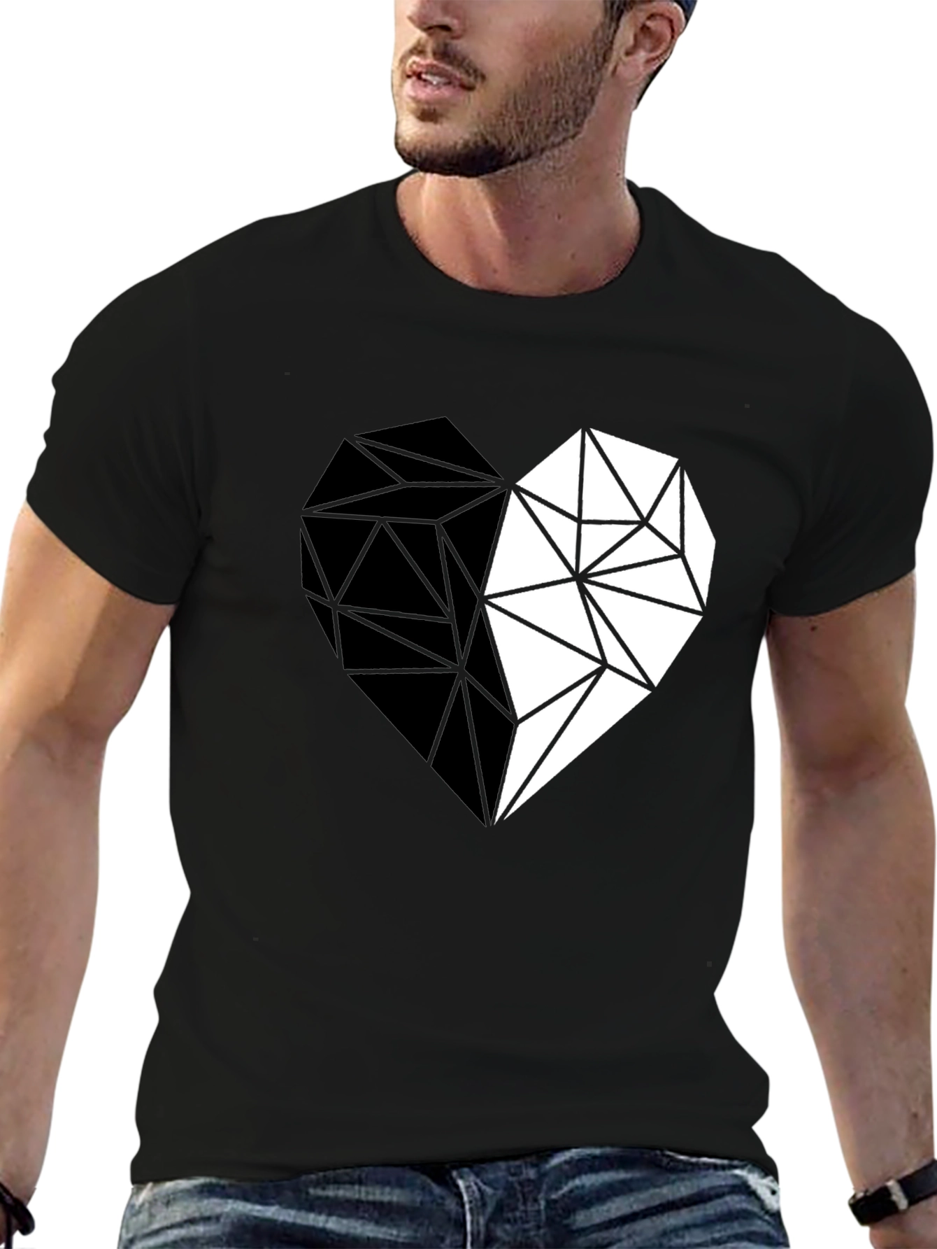 Geometric Heart Print Black Casual Tee