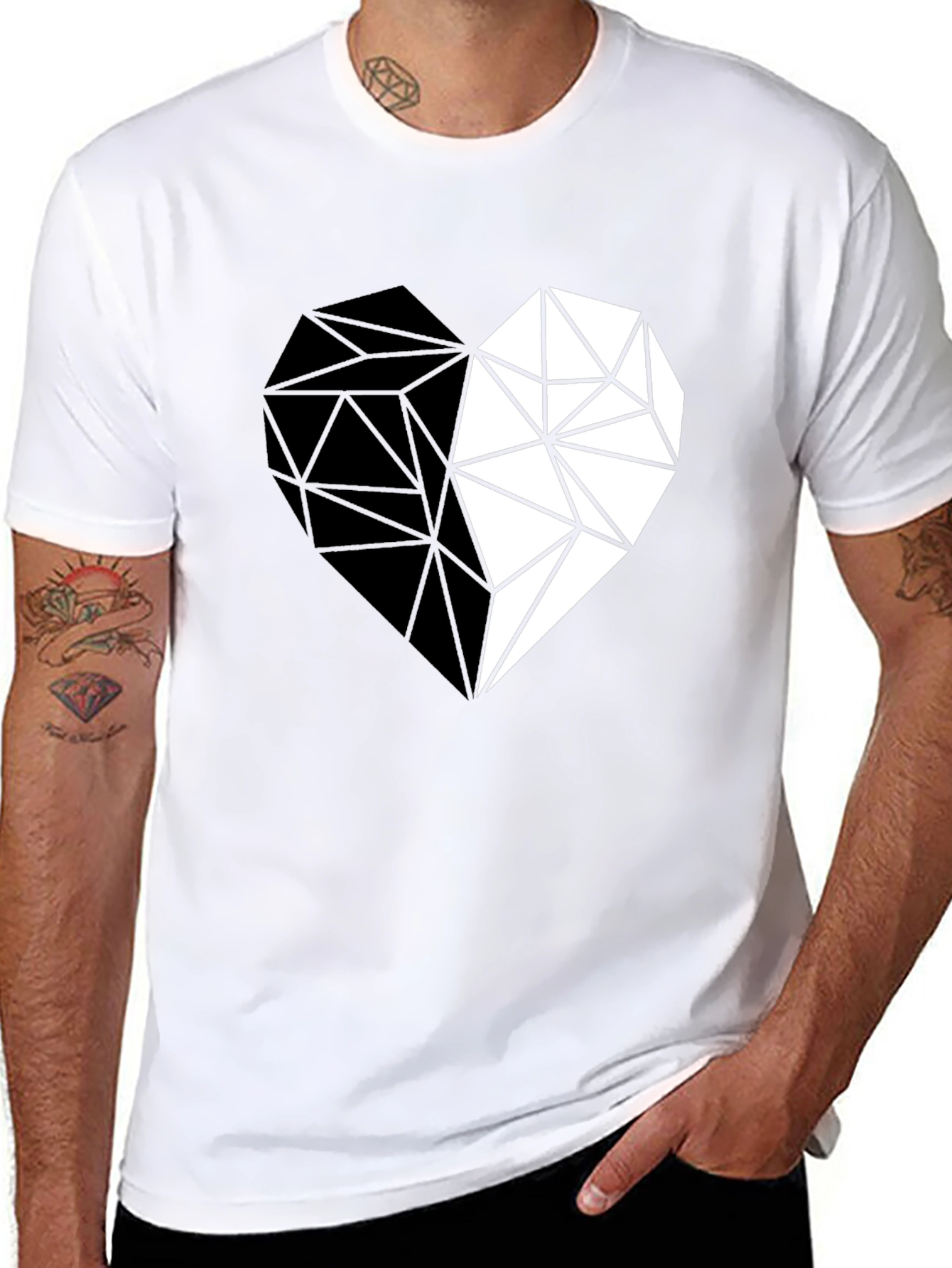 Geometric Heart Print Black Casual Tee