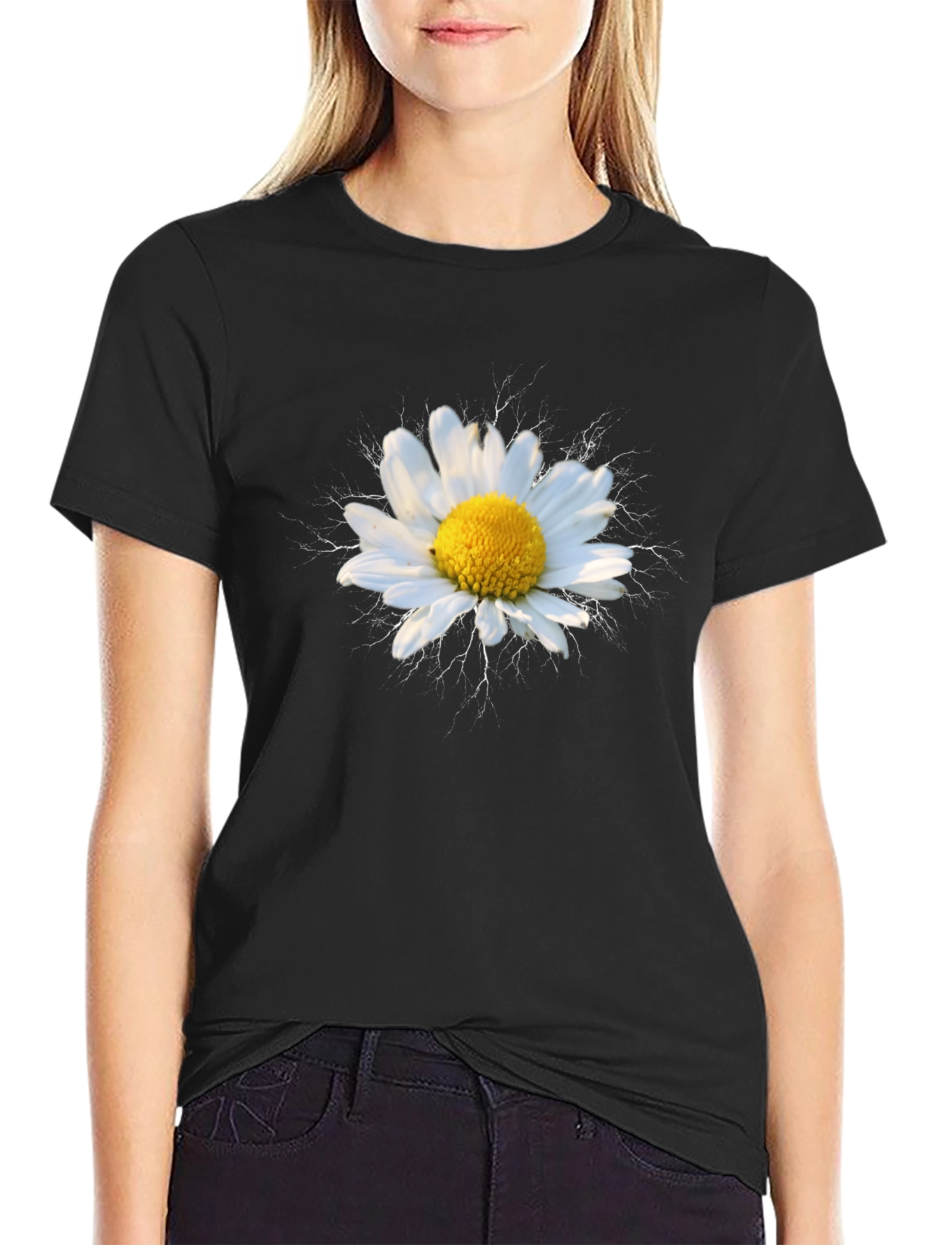 Daisy Flower Graphic Tee - Black Cotton T-Shirt