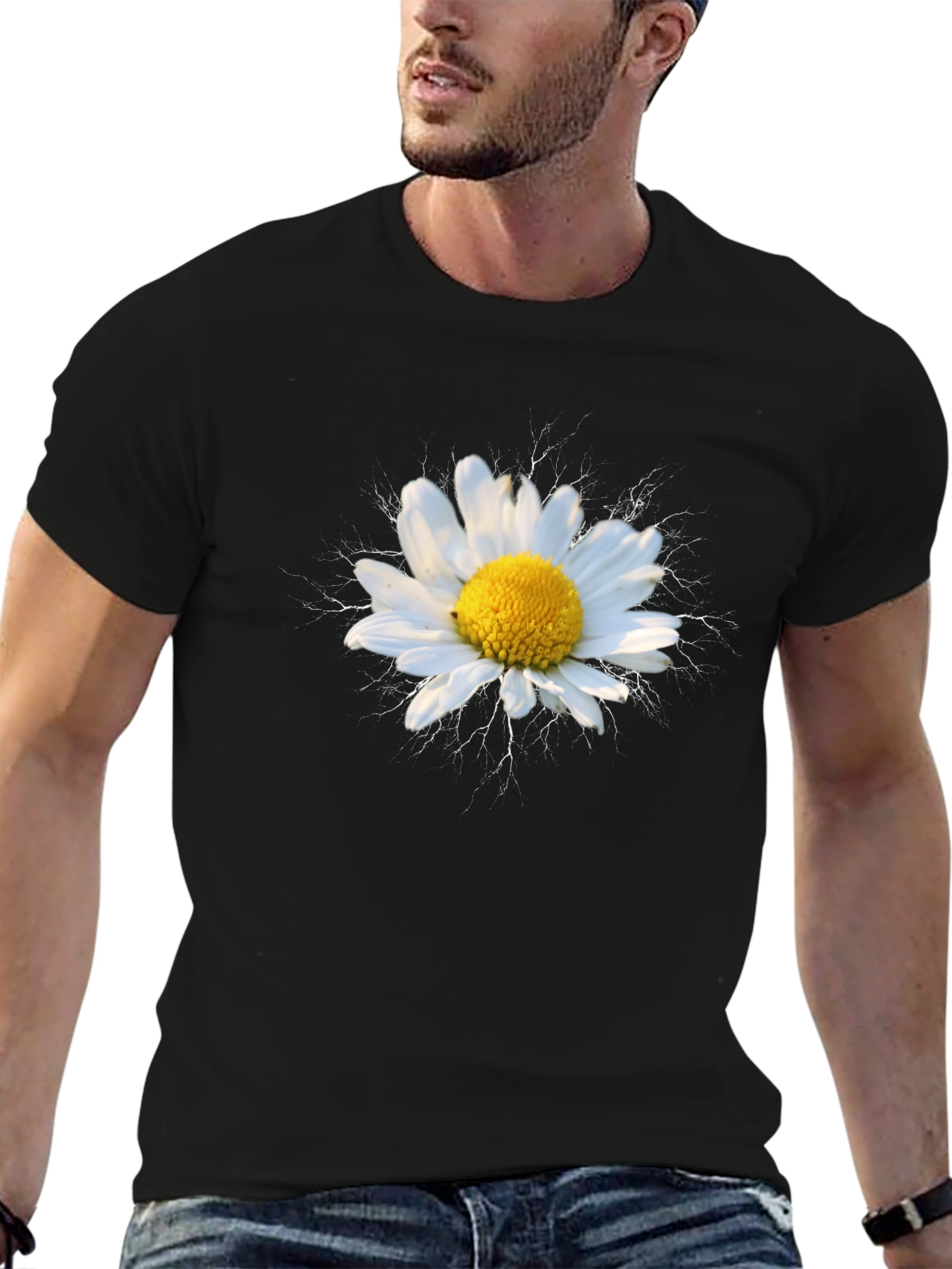 Daisy Flower Graphic Tee - Black Cotton T-Shirt