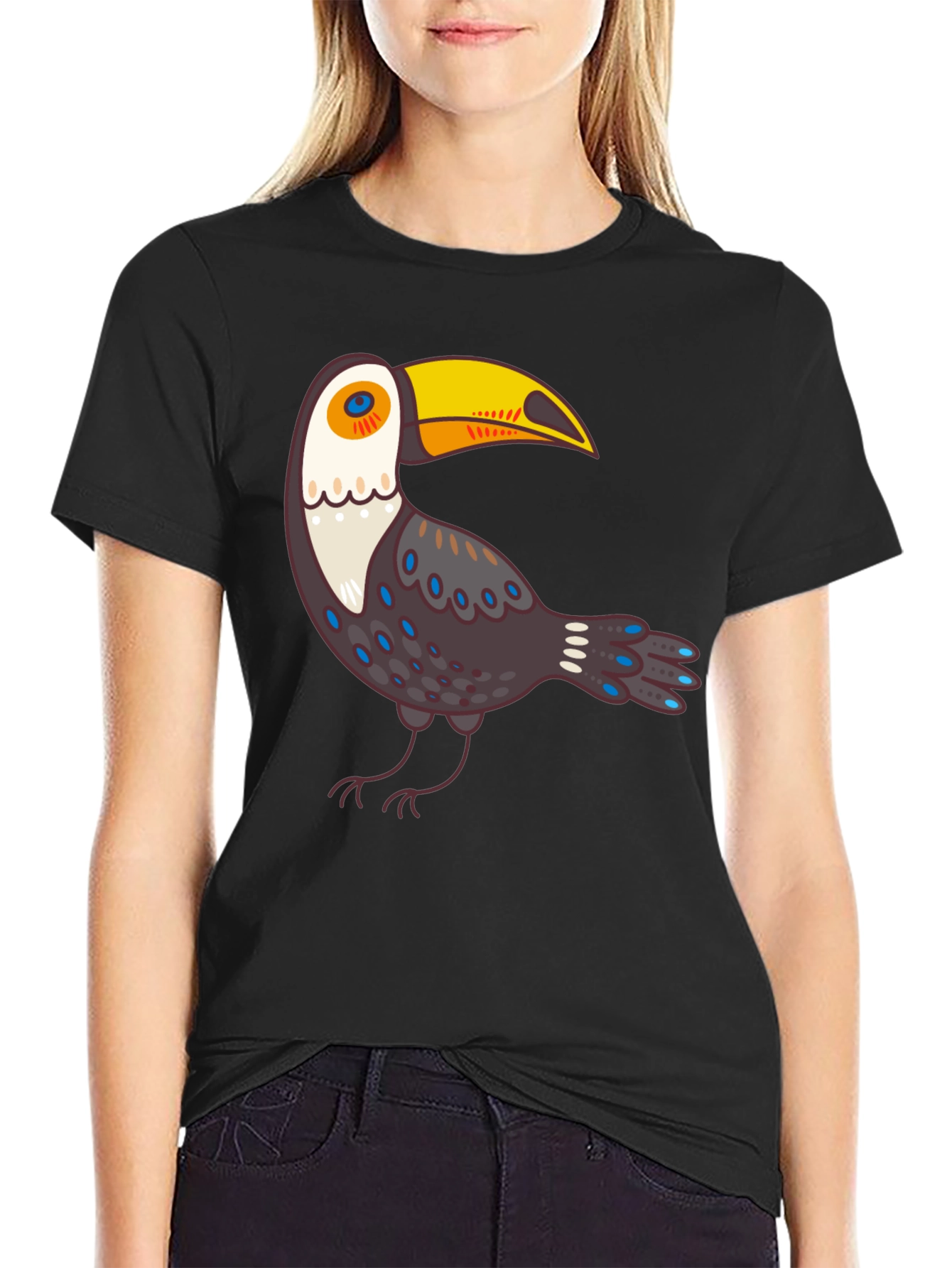 Cartoon Toucan Graphic Black T-Shirt