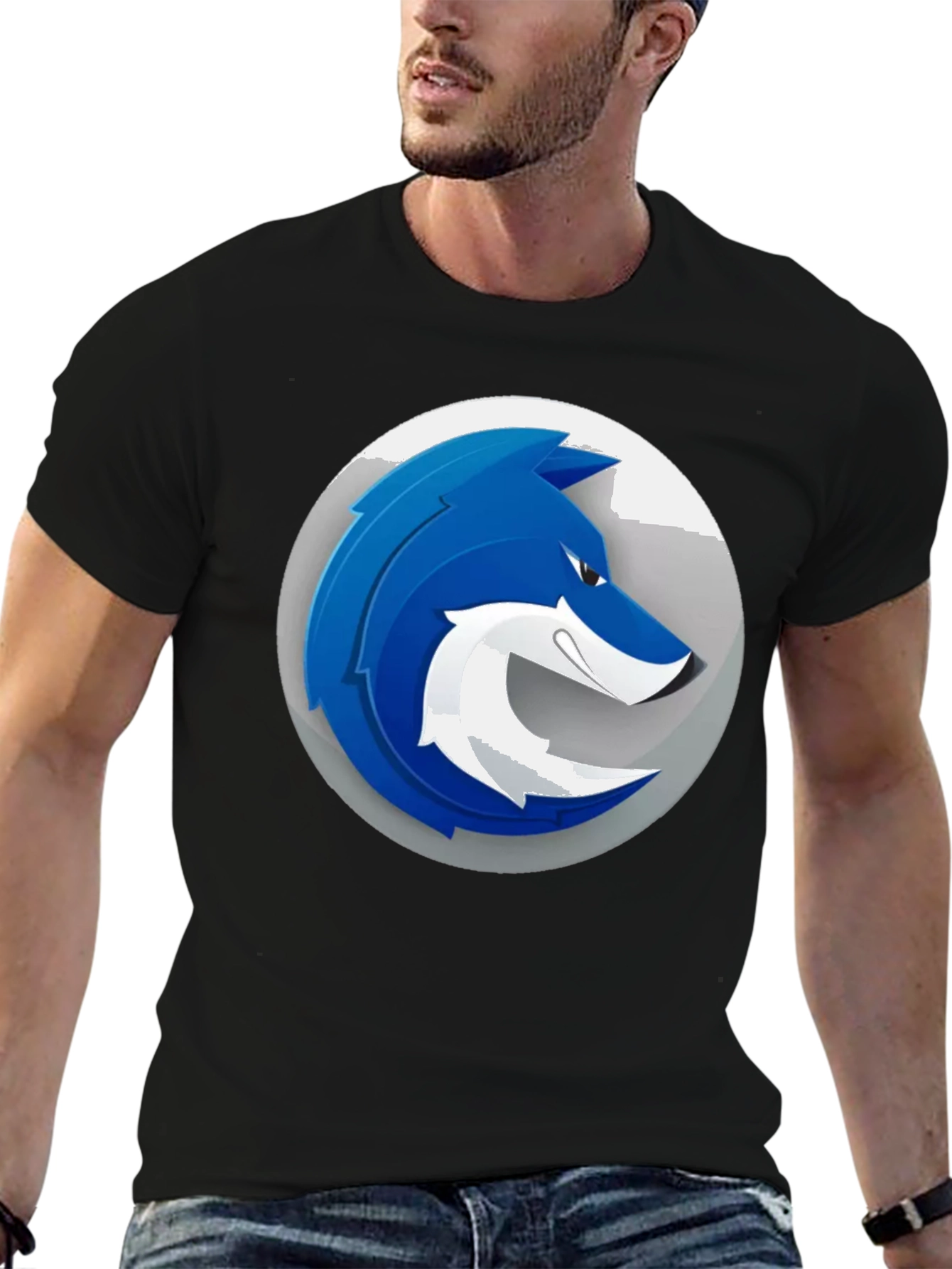 Mens Black T-Shirt with Blue Wolf Graphic Print