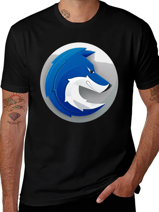 Mens Black T-Shirt with Blue Wolf Graphic Print