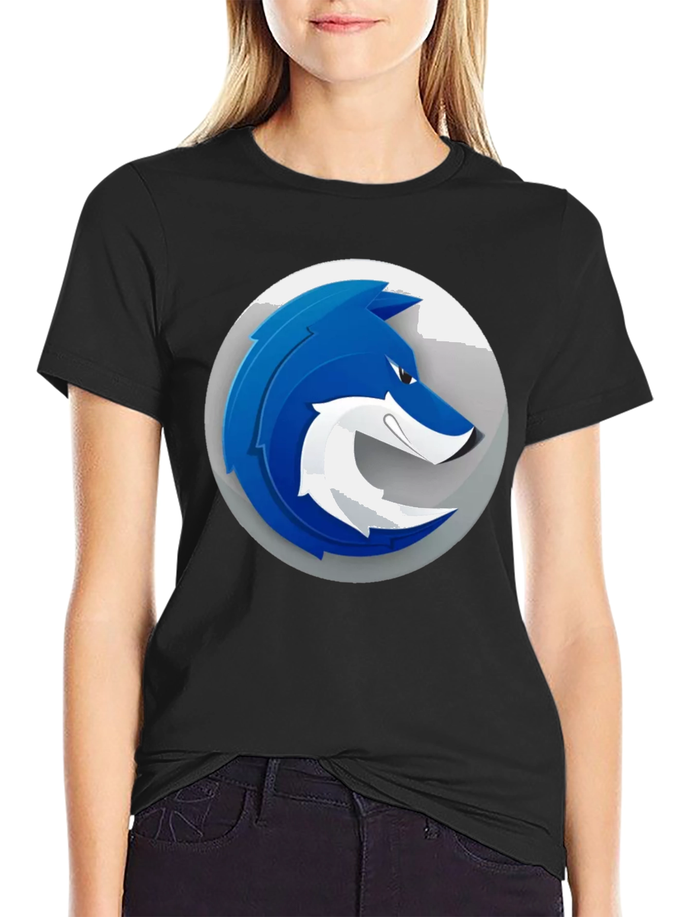 Mens Black T-Shirt with Blue Wolf Graphic Print