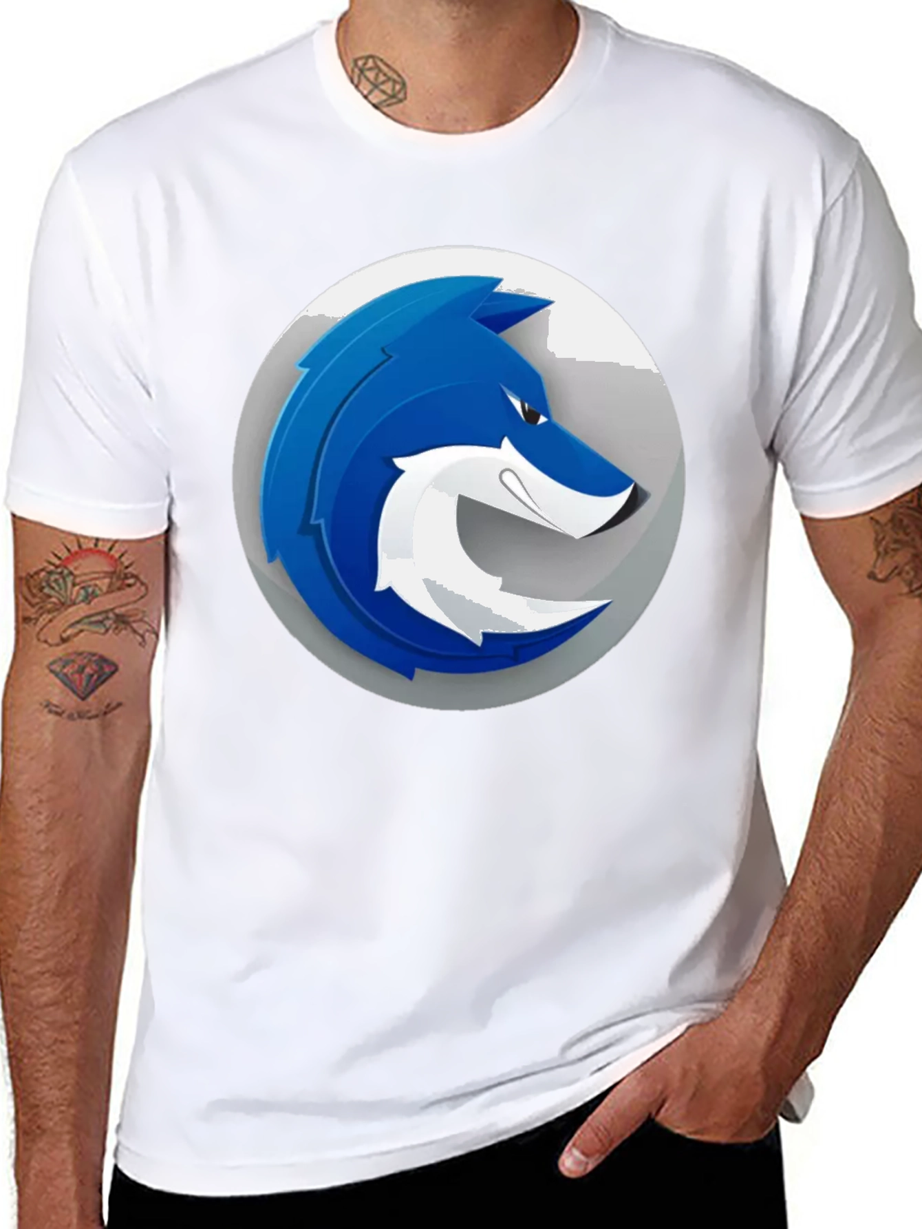 Mens Black T-Shirt with Blue Wolf Graphic Print