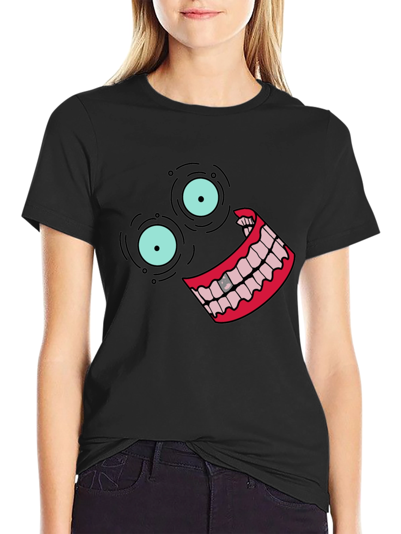 Black T-Shirt with Cartoon Face Design