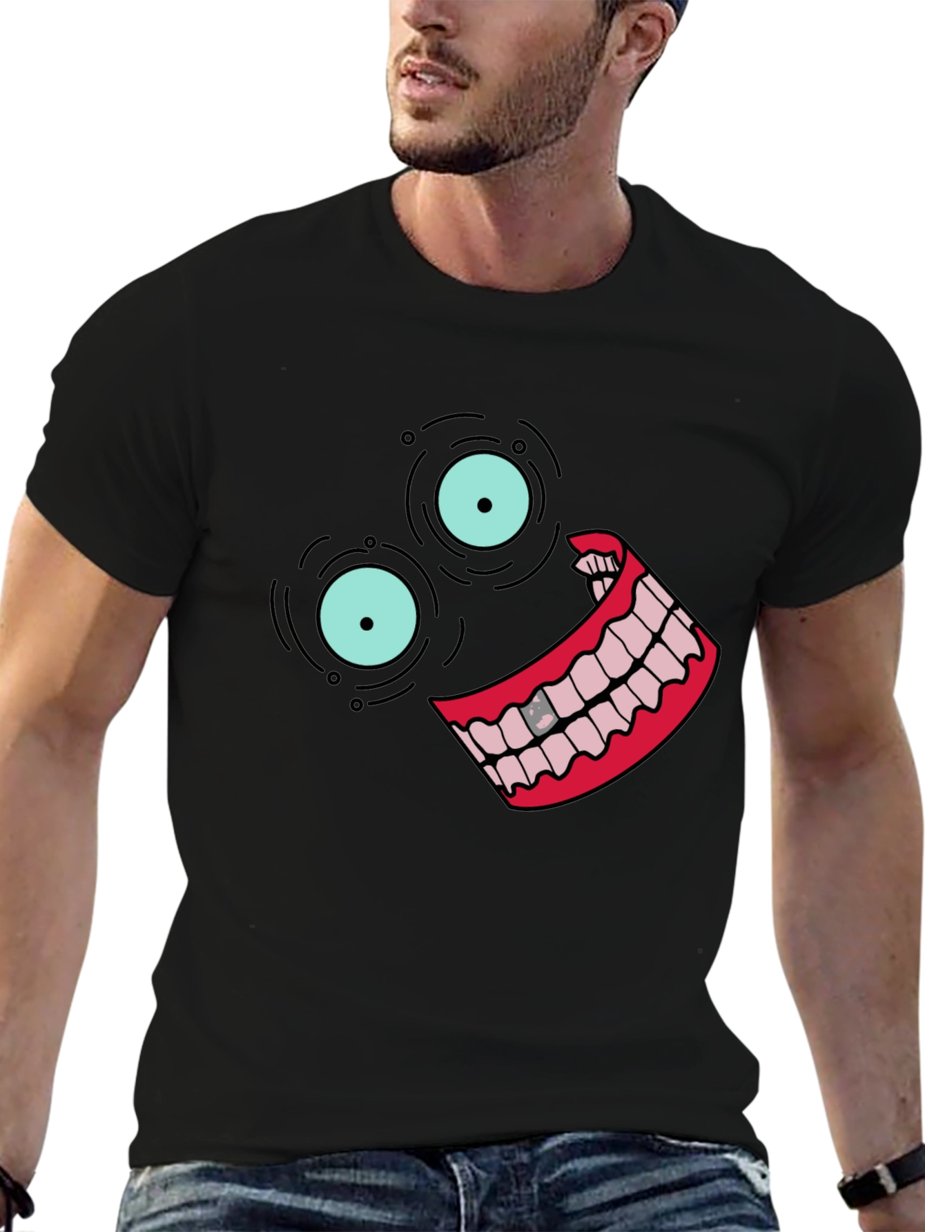 Black T-Shirt with Cartoon Face Design