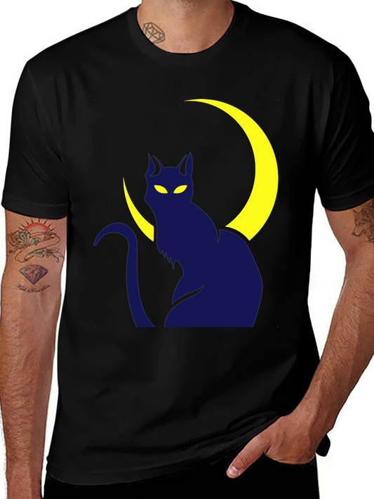 Cat & Moon Graphic Tee - Black Cotton Casual Shirt