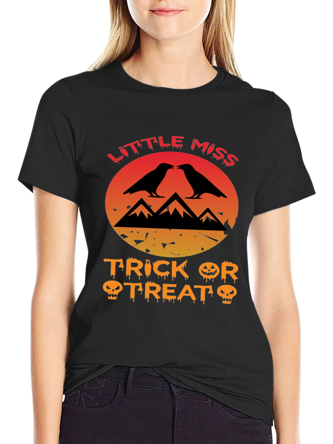 Little Miss Trick or Treat Crow Halloween T-Shirt