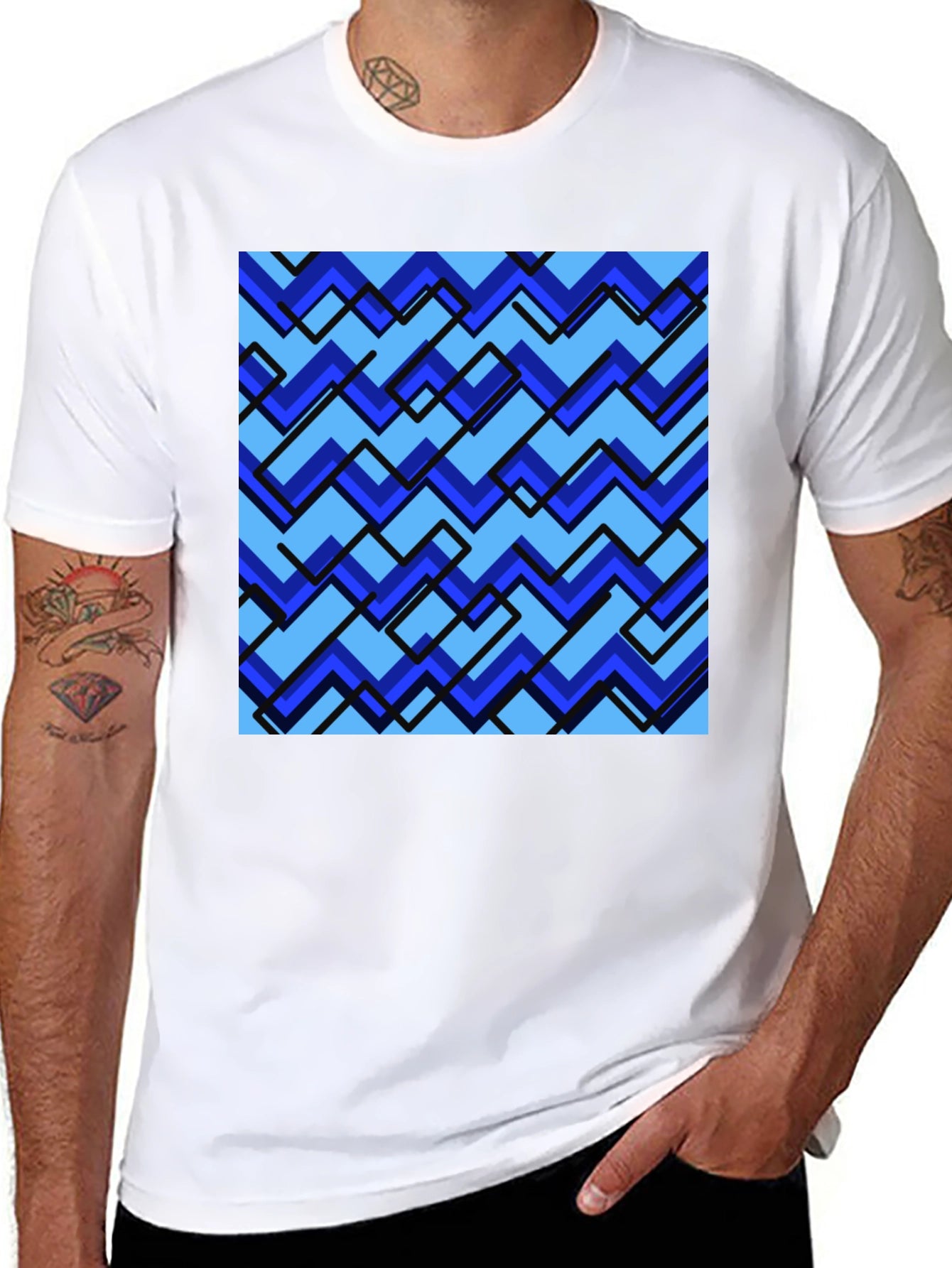 Blue Zig-Zag Pattern Graphic Tee - Stylish Comfort