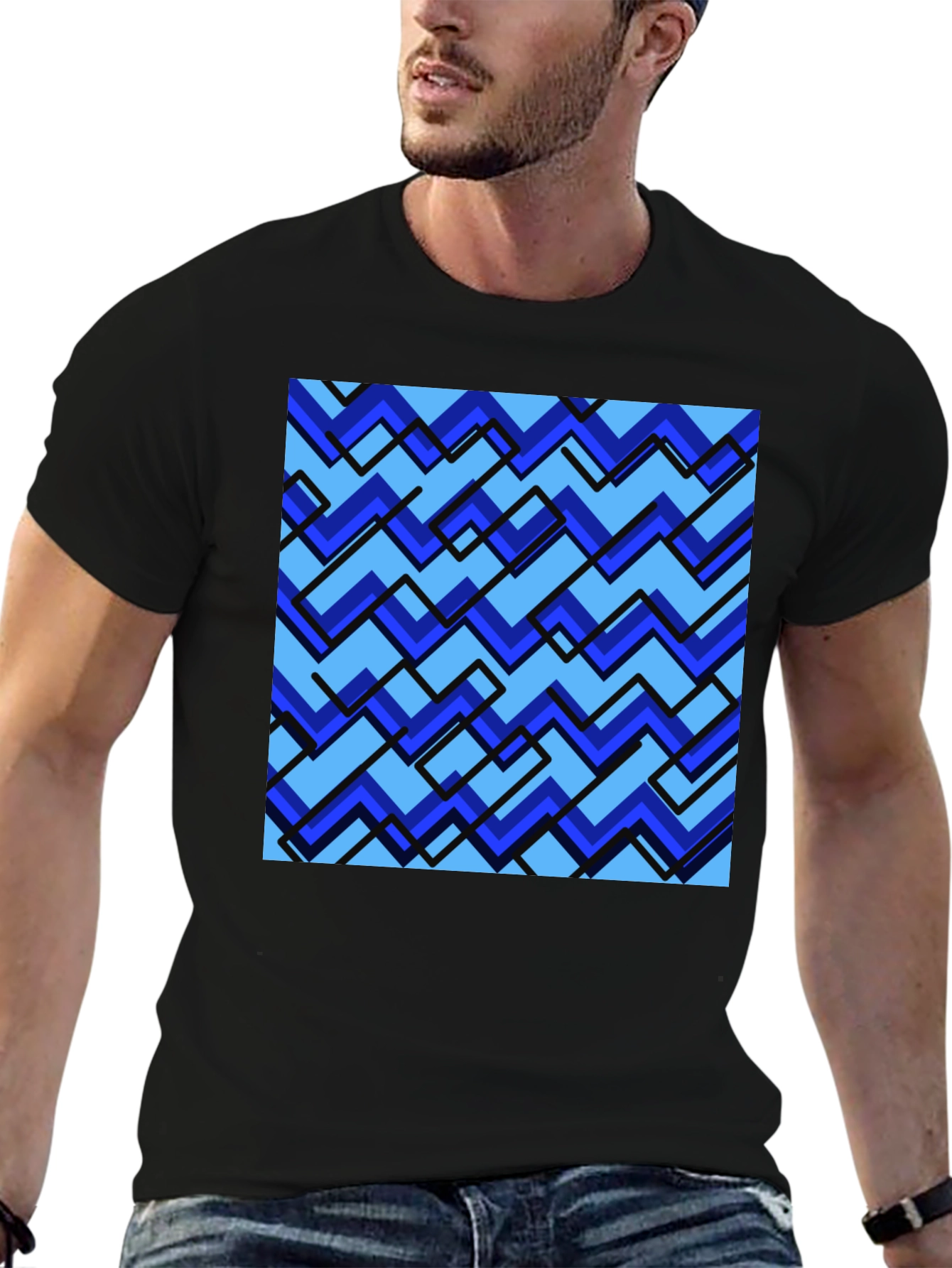 Blue Zig-Zag Pattern Graphic Tee - Stylish Comfort