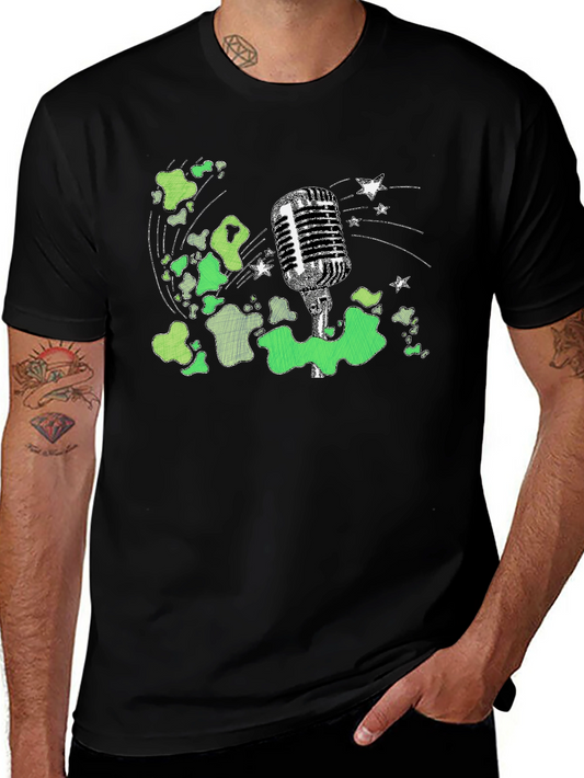 Retro Mic Graphic Tee - Vintage Style Black T-Shirt