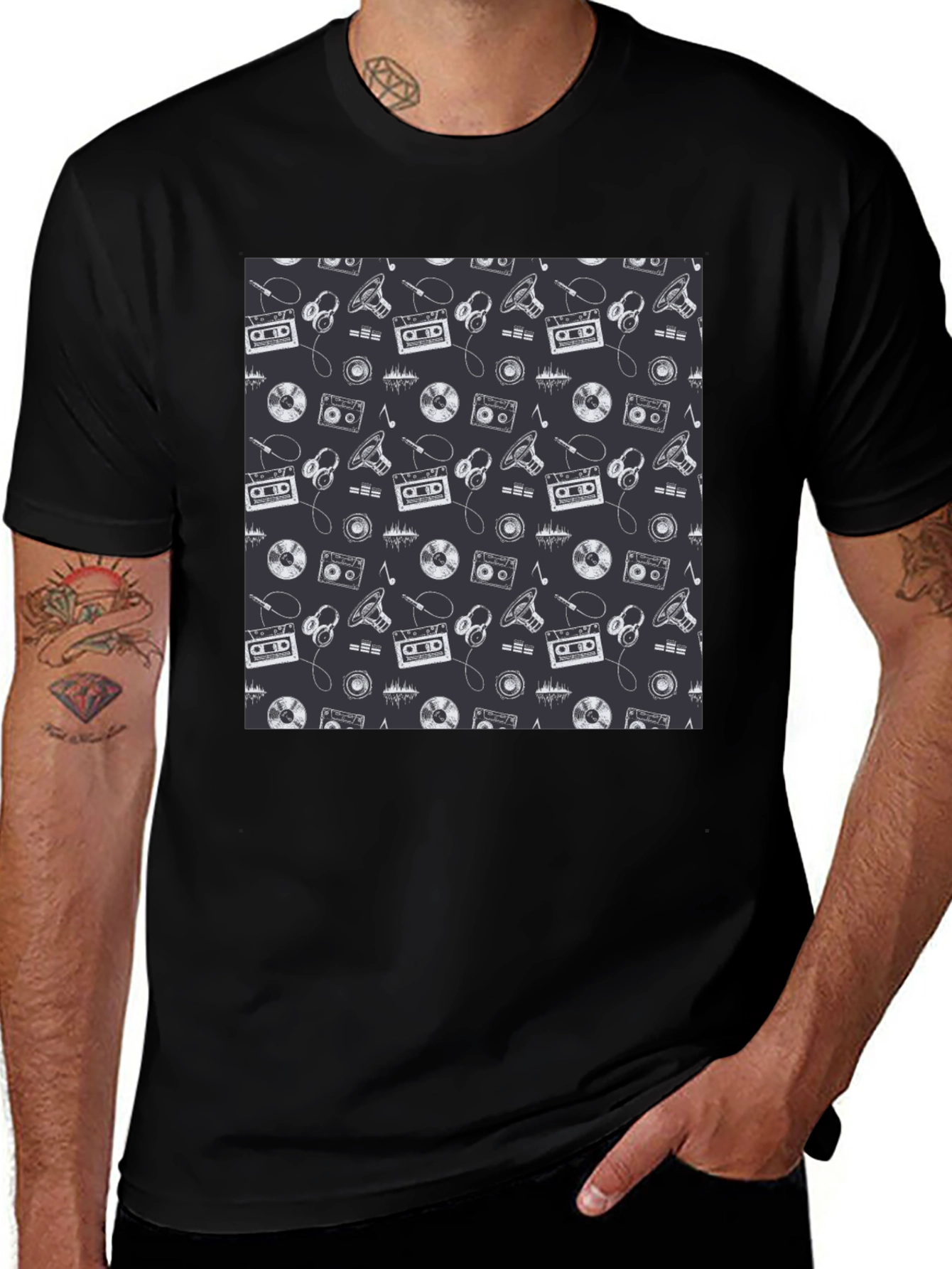 Retro Music Pattern Black T-Shirt