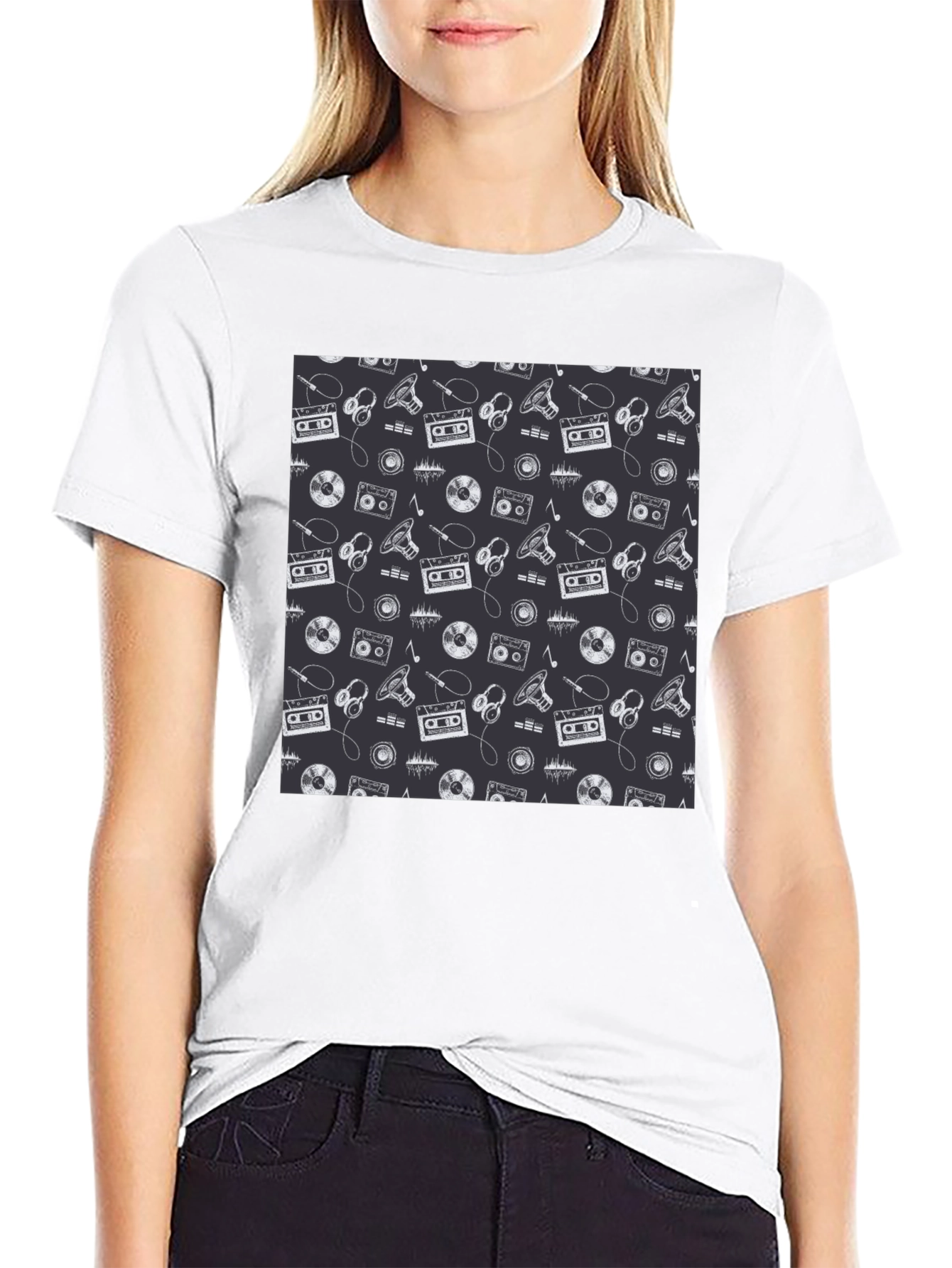 Retro Music Pattern Black T-Shirt