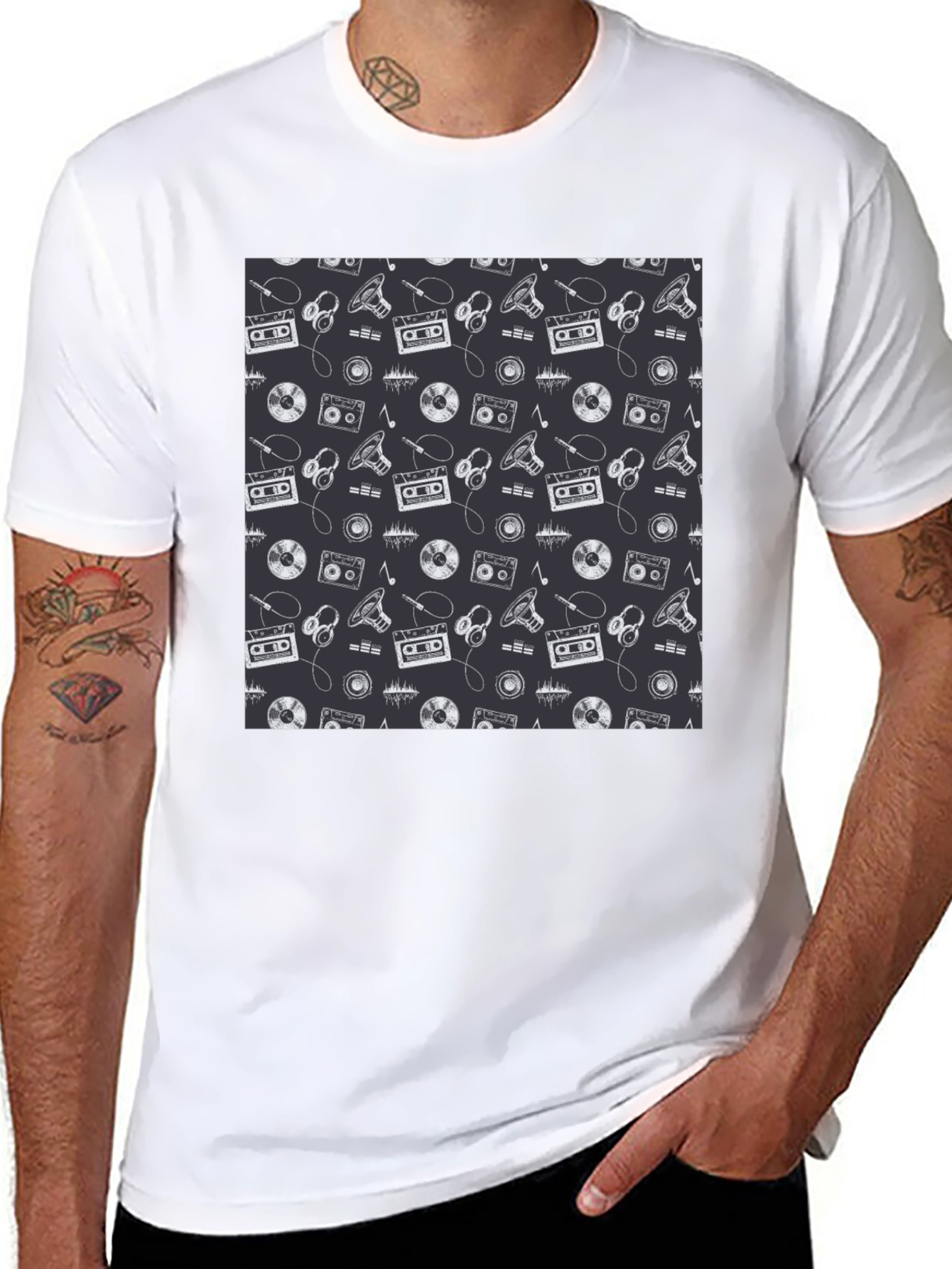 Retro Music Pattern Black T-Shirt