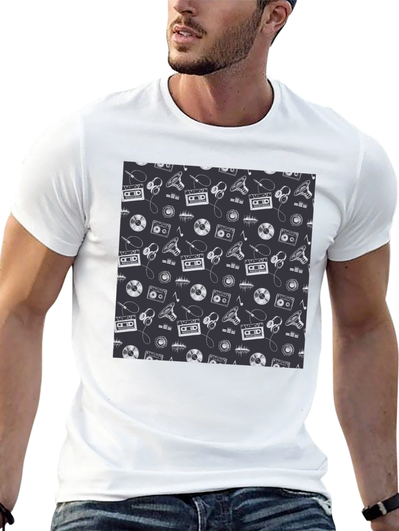 Retro Music Pattern Black T-Shirt