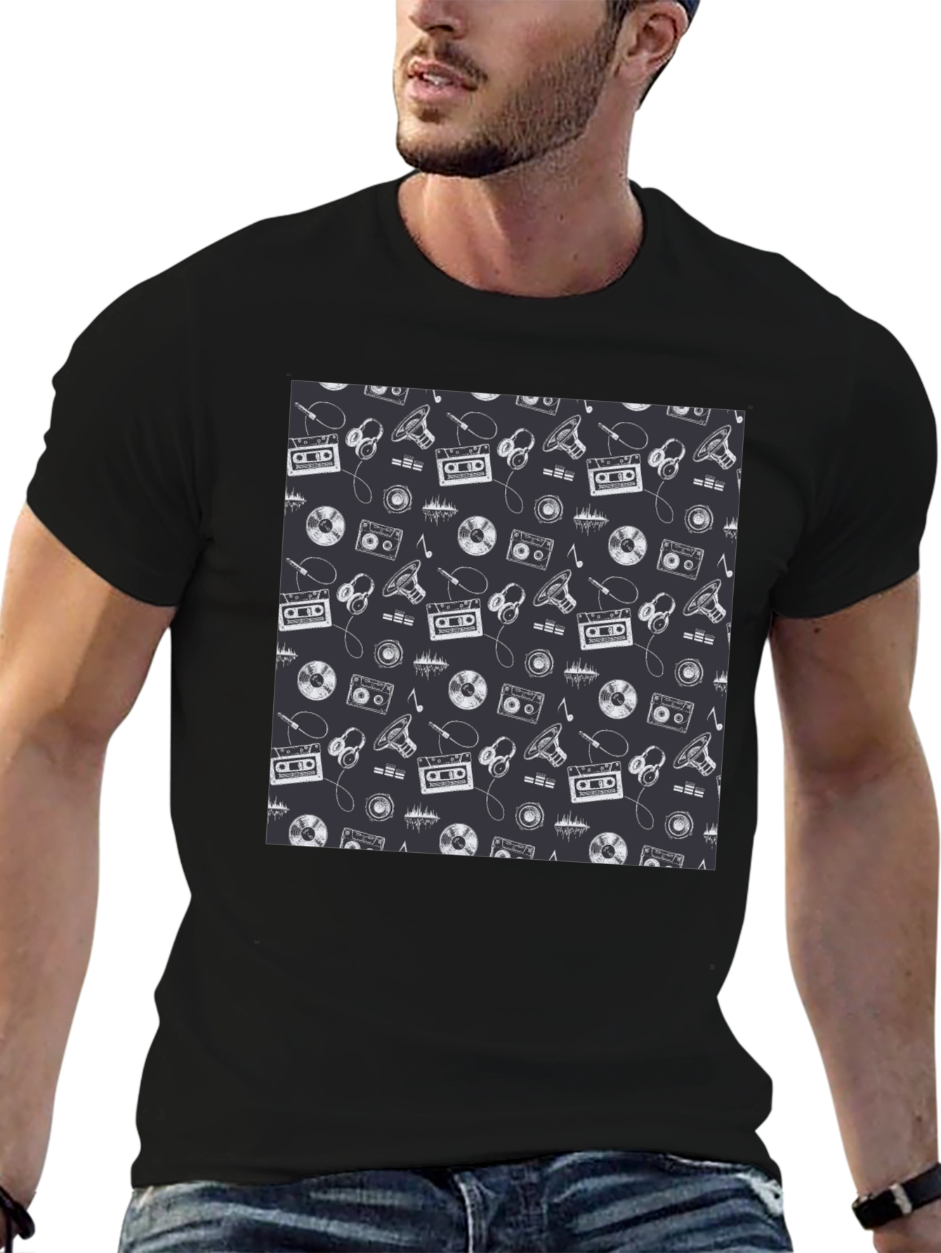 Retro Music Pattern Black T-Shirt
