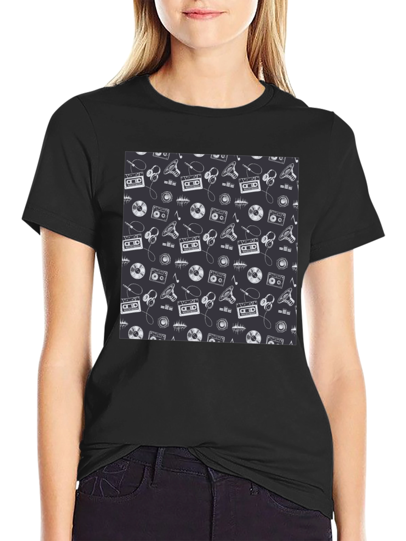 Retro Music Pattern Black T-Shirt