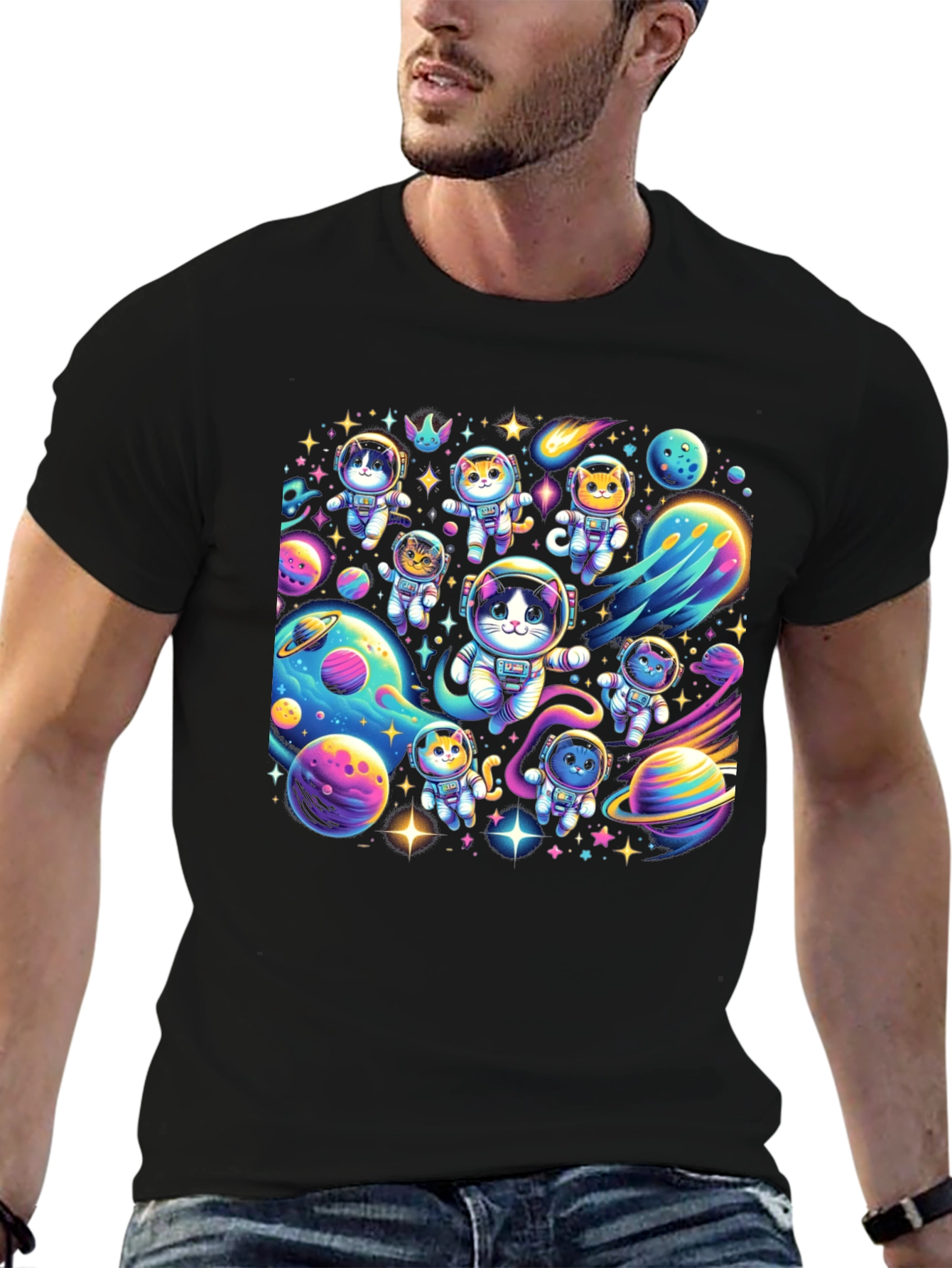 Cosmic Cat Astronauts Black T-Shirt