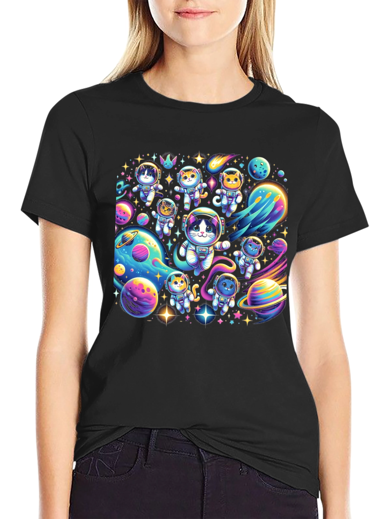 Cosmic Cat Astronauts Black T-Shirt