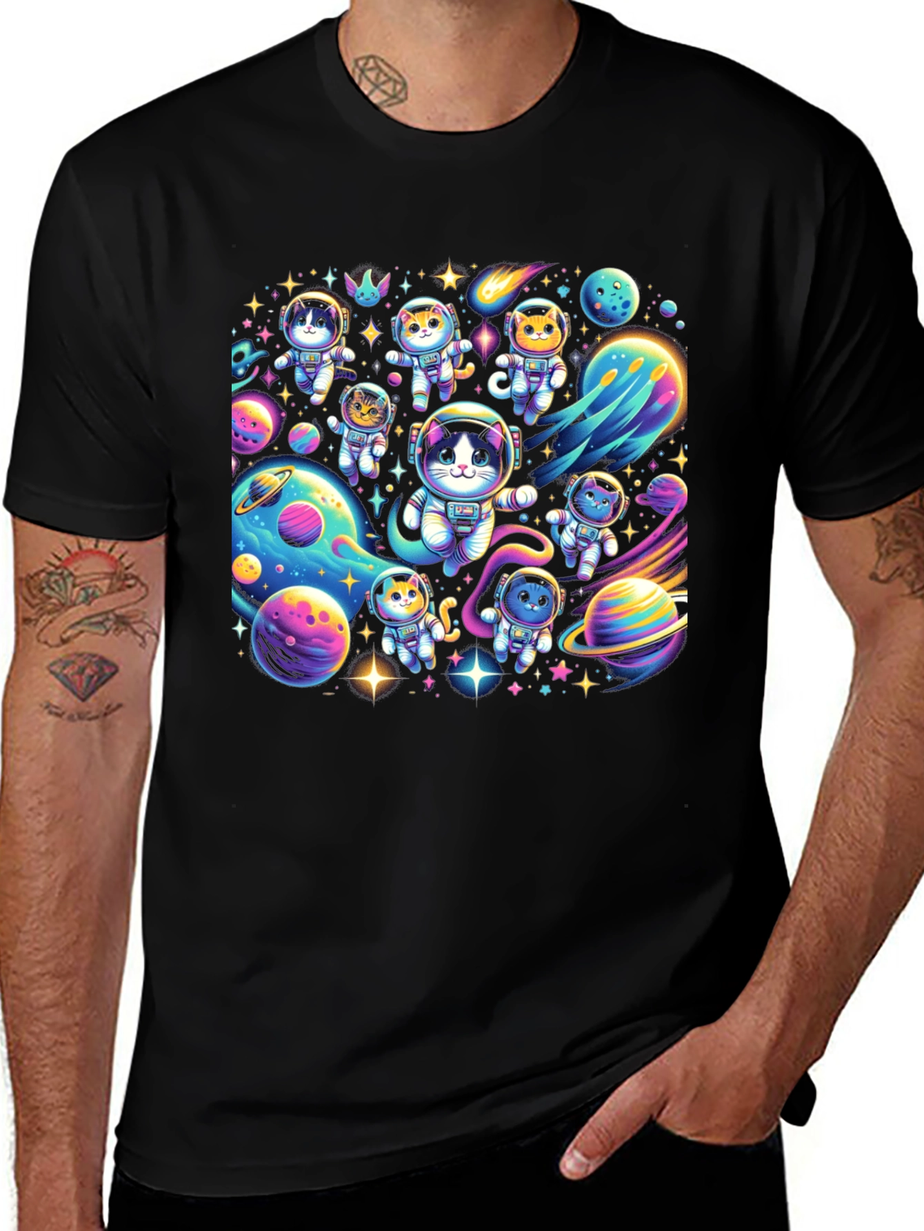 Cosmic Cat Astronauts Black T-Shirt