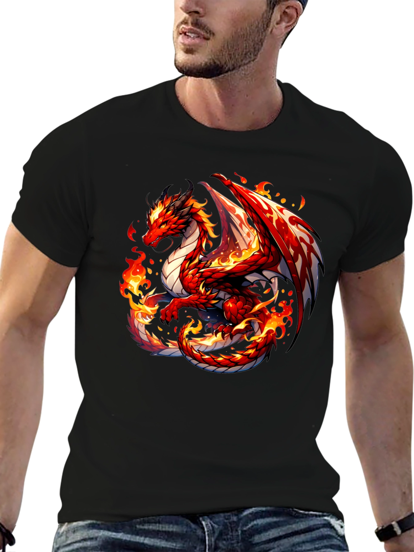 Fiery Dragon Graphic Tee - Black Cotton Shirt