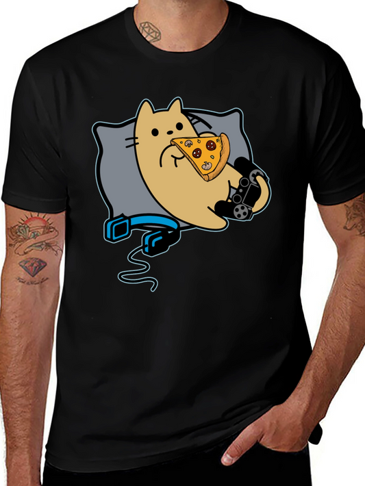 Gamer Cat Pizza T-Shirt - Black Cotton Blend