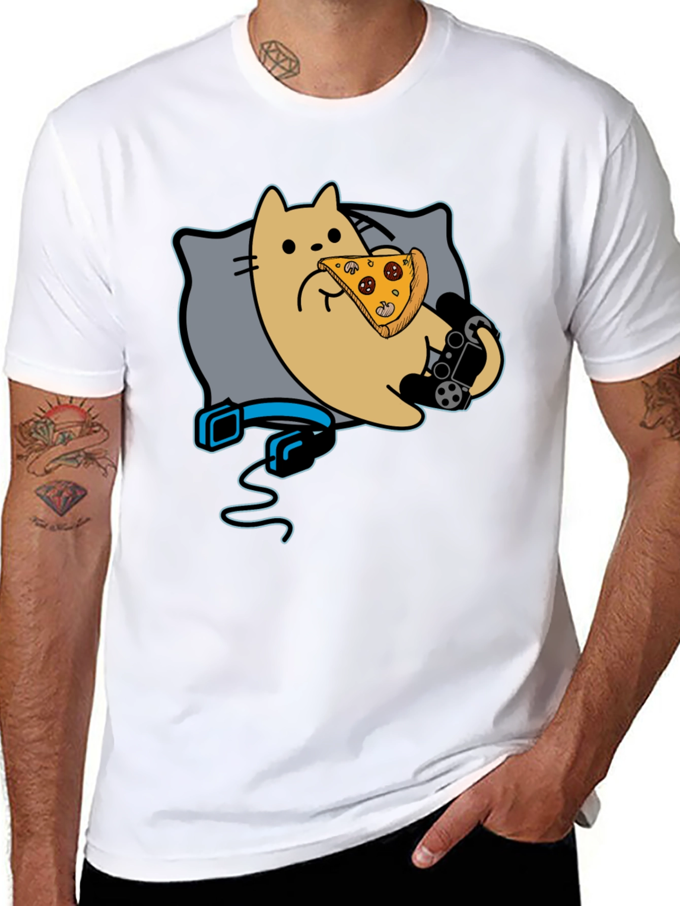 Gamer Cat Pizza T-Shirt - Black Cotton Blend