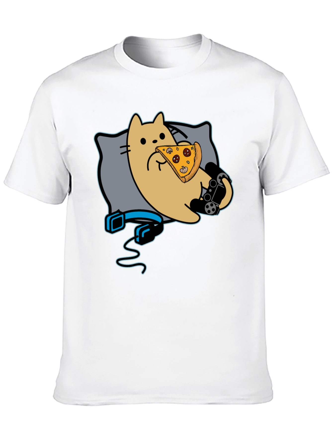 Gamer Cat Pizza T-Shirt - Black Cotton Blend
