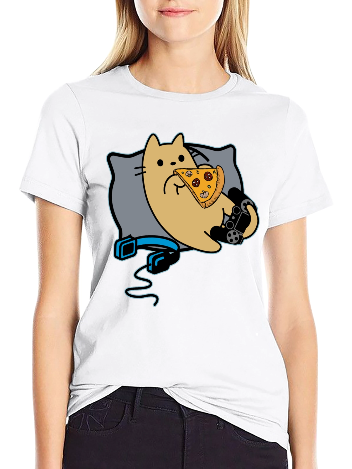 Gamer Cat Pizza T-Shirt - Black Cotton Blend