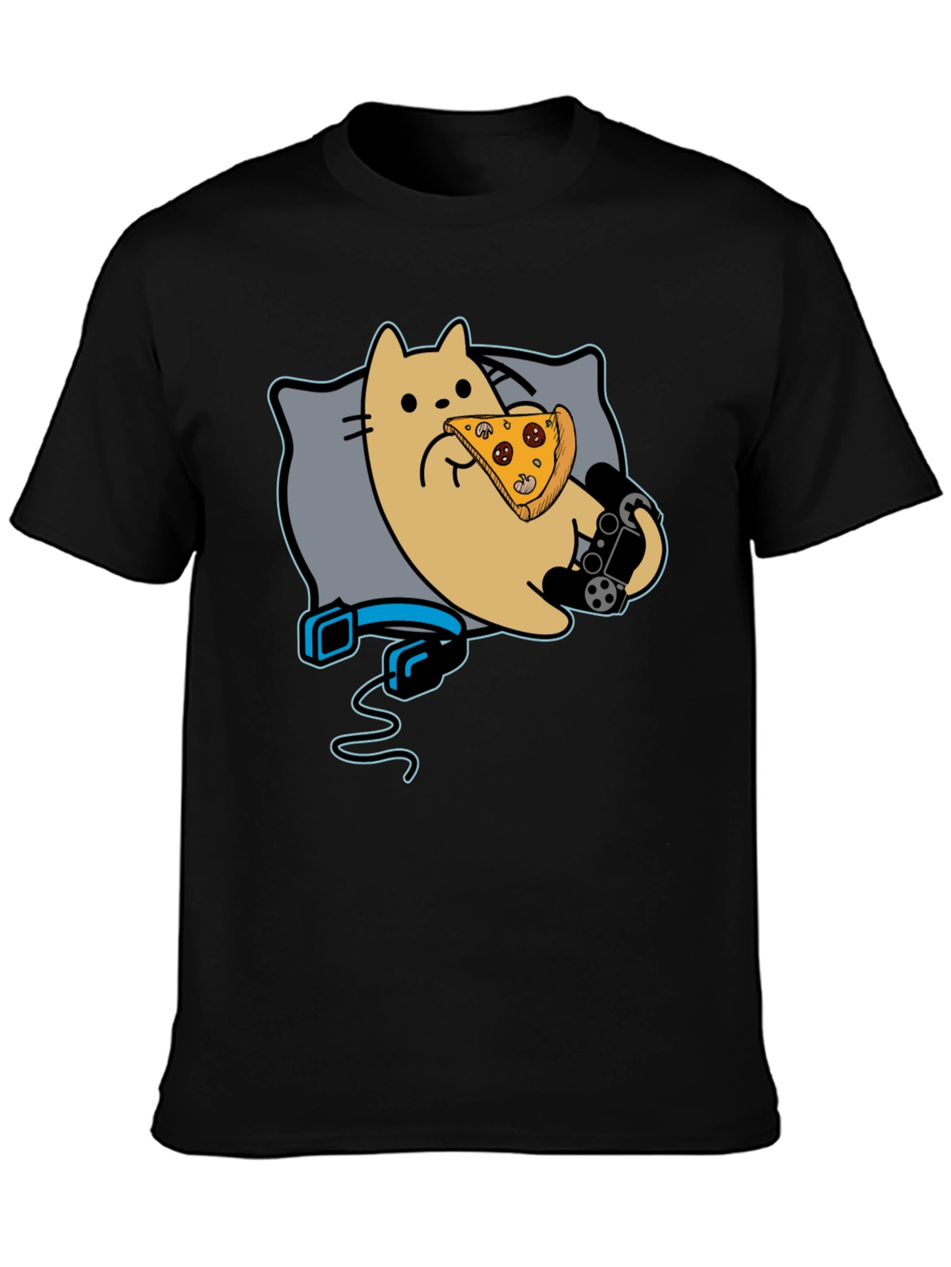 Gamer Cat Pizza T-Shirt - Black Cotton Blend