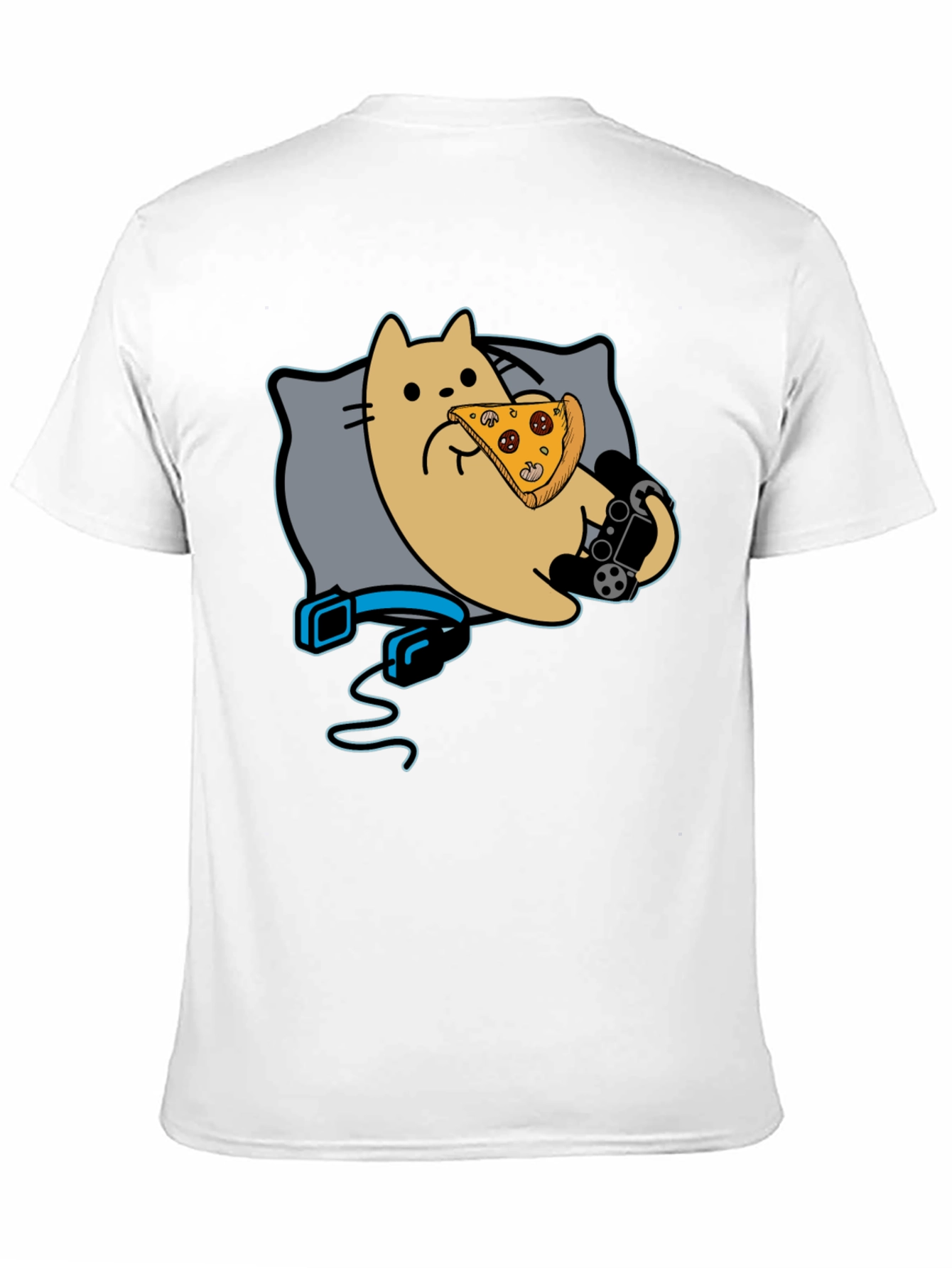 Gamer Cat Pizza T-Shirt - Black Cotton Blend