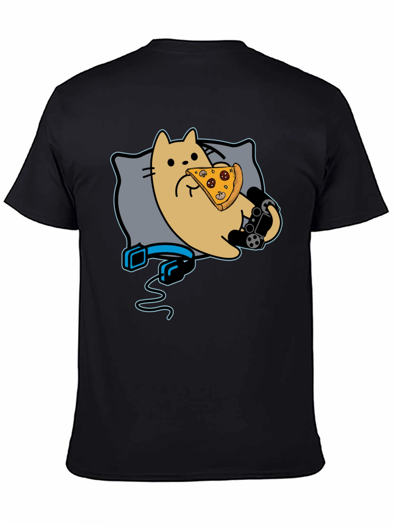 Gamer Cat Pizza T-Shirt - Black Cotton Blend