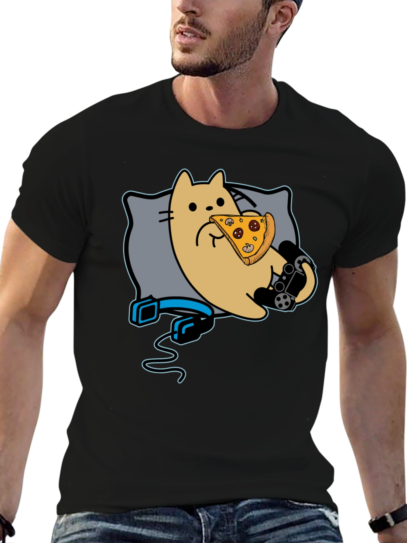 Gamer Cat Pizza T-Shirt - Black Cotton Blend