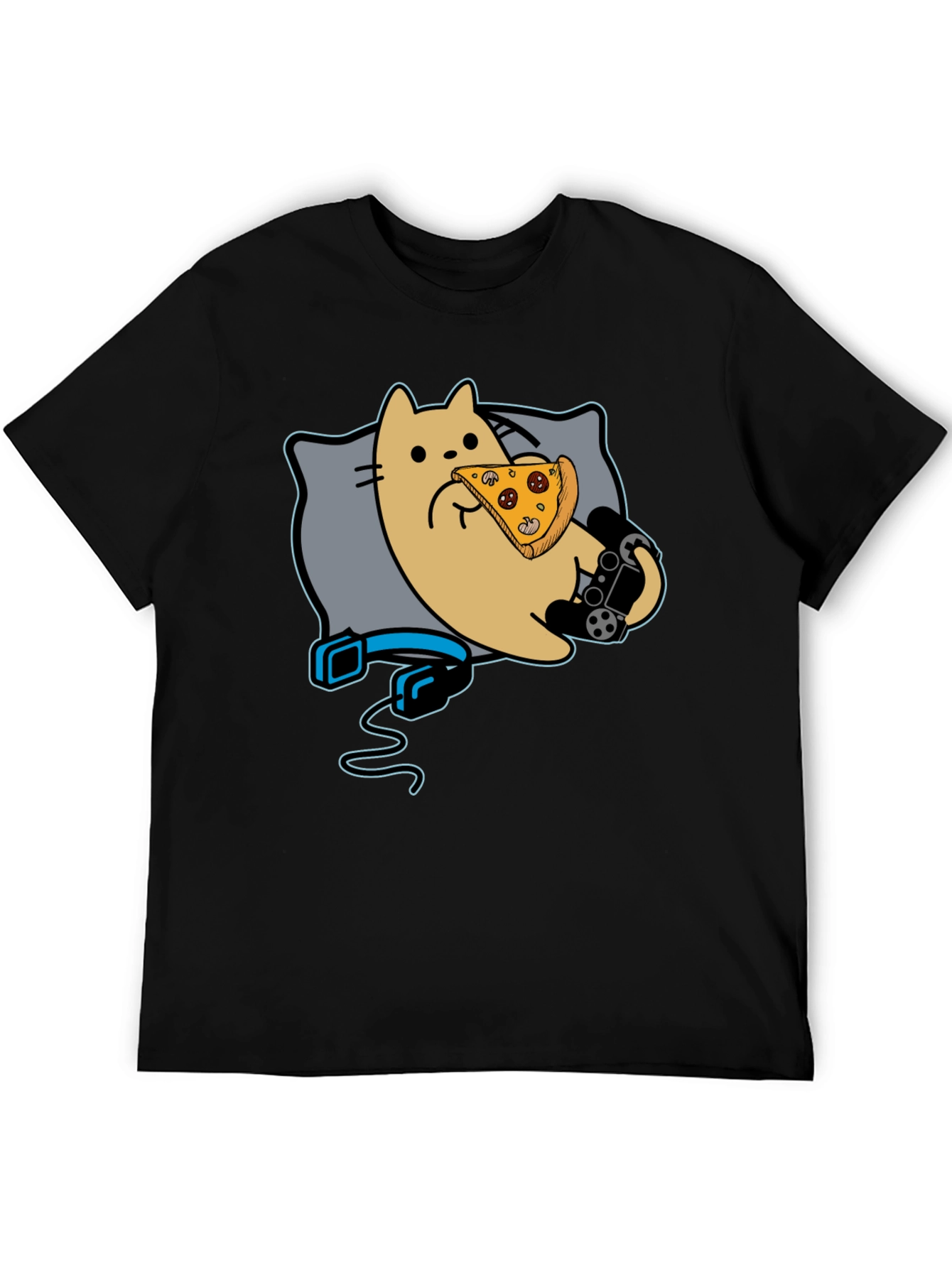 Gamer Cat Pizza T-Shirt - Black Cotton Blend