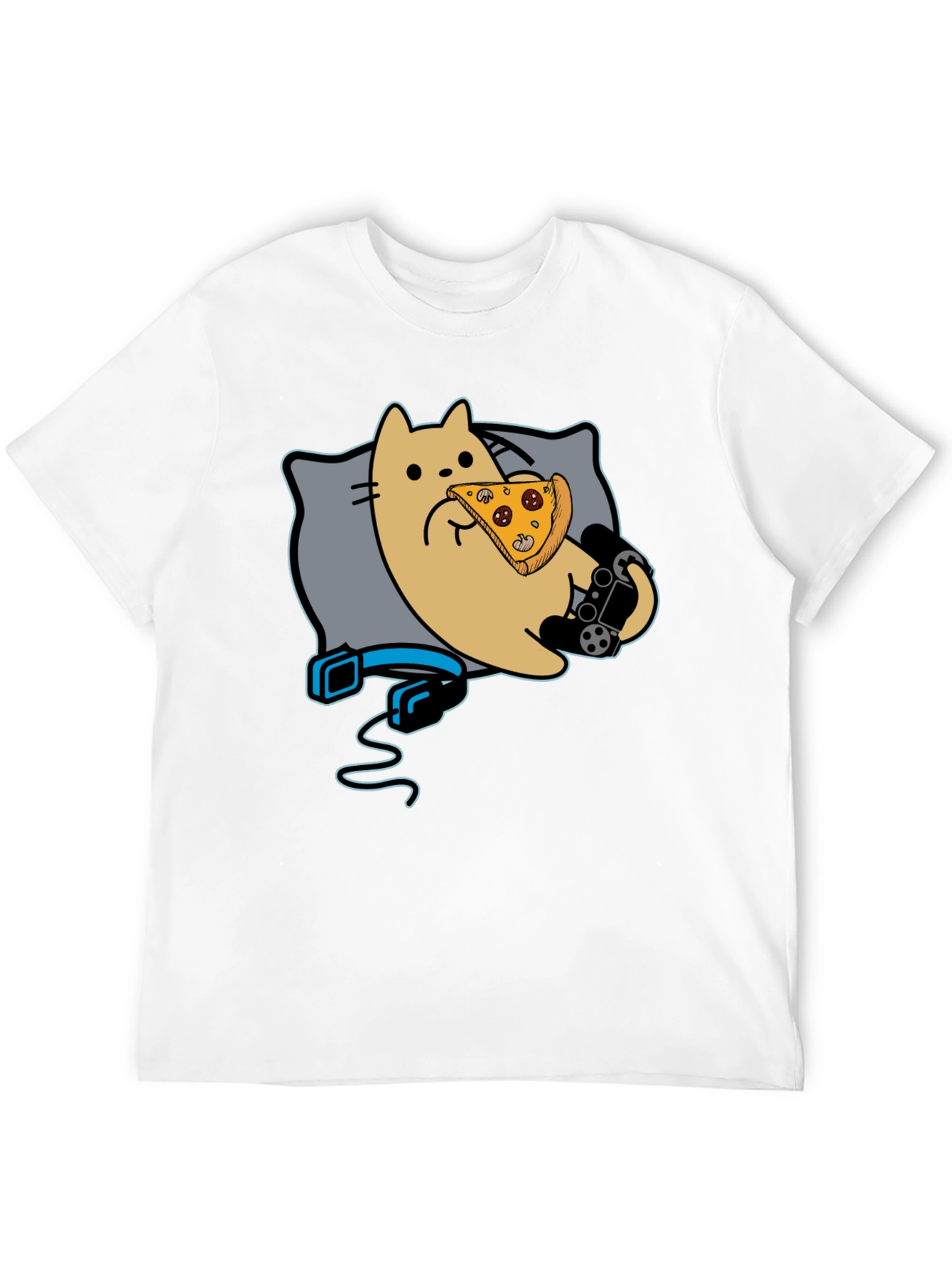 Gamer Cat Pizza T-Shirt - Black Cotton Blend