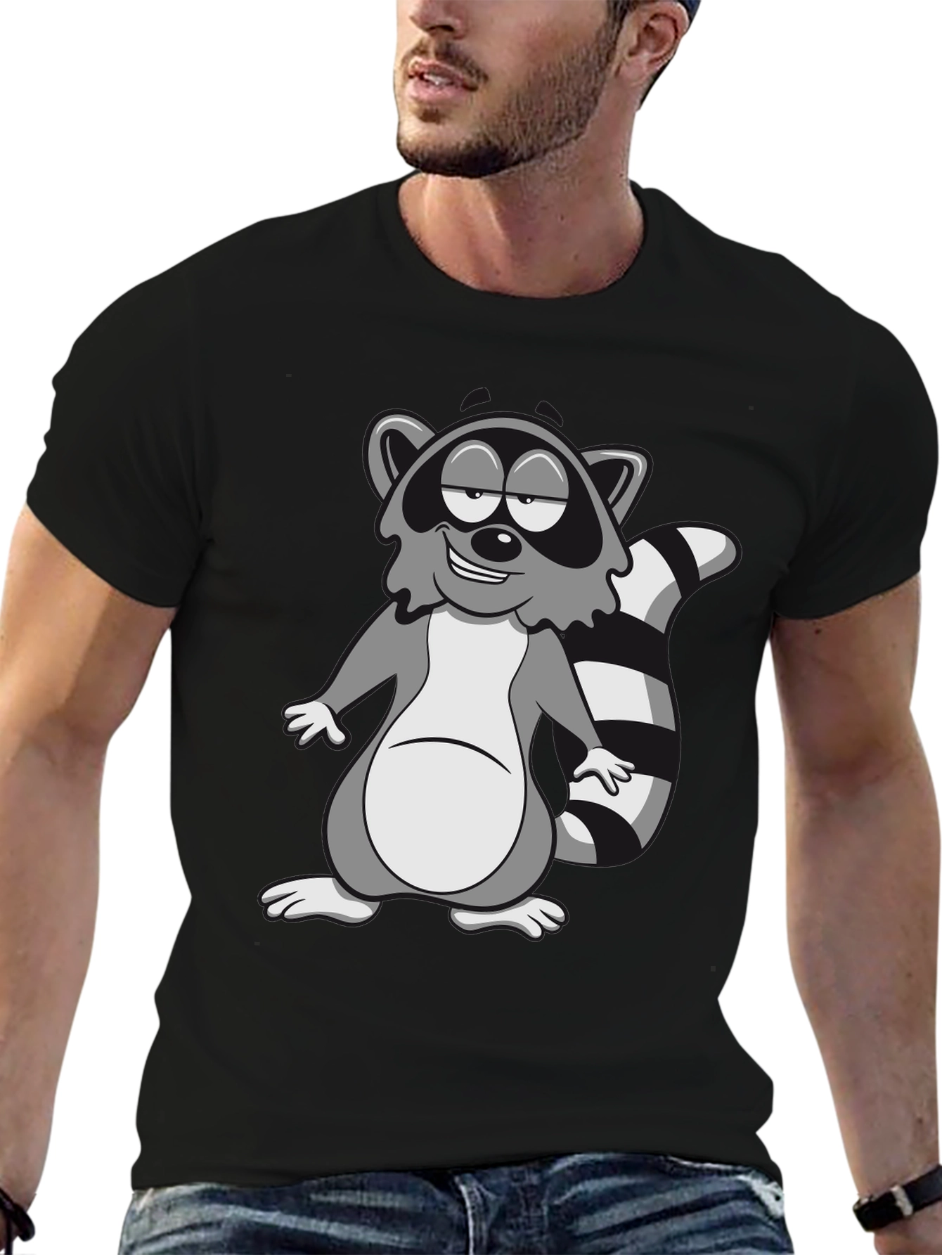 Cartoon Raccoon Graphic Black T-Shirt