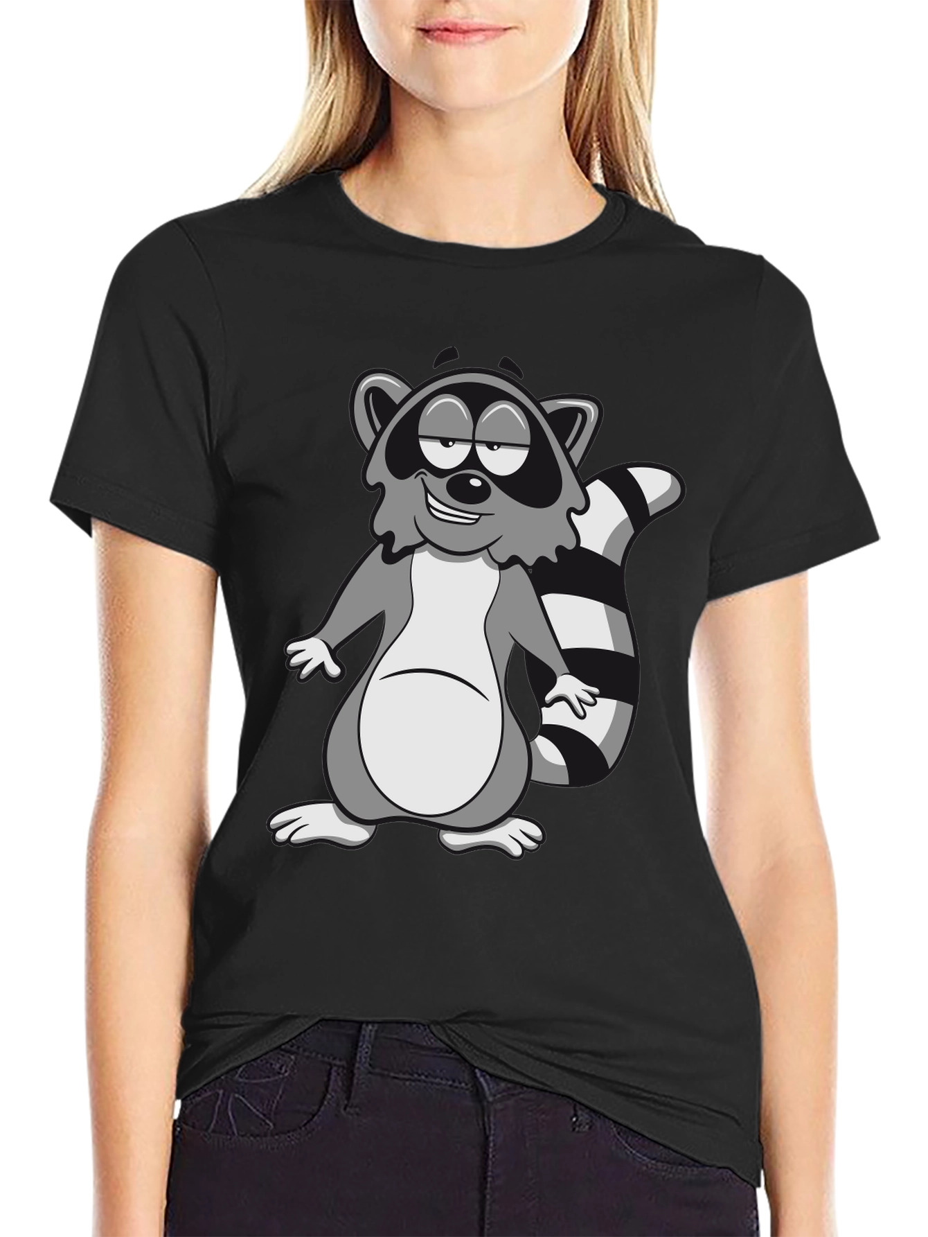 Cartoon Raccoon Graphic Black T-Shirt