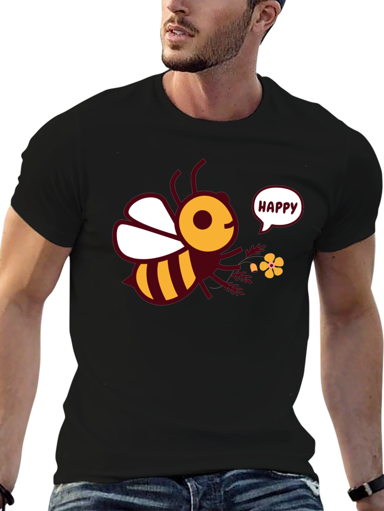 Happy Bee Graphic Tee - Mens Black T-Shirt