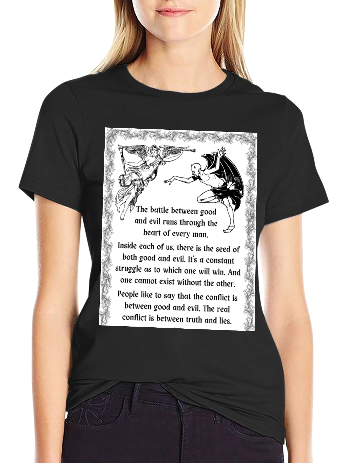 Angel vs Devil Black Graphic T-Shirt