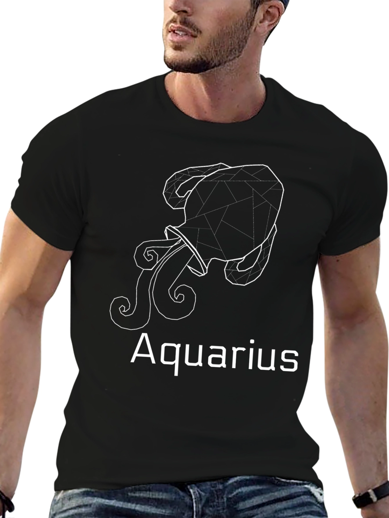 Aquarius Zodiac Black T-Shirt - Geometric Design