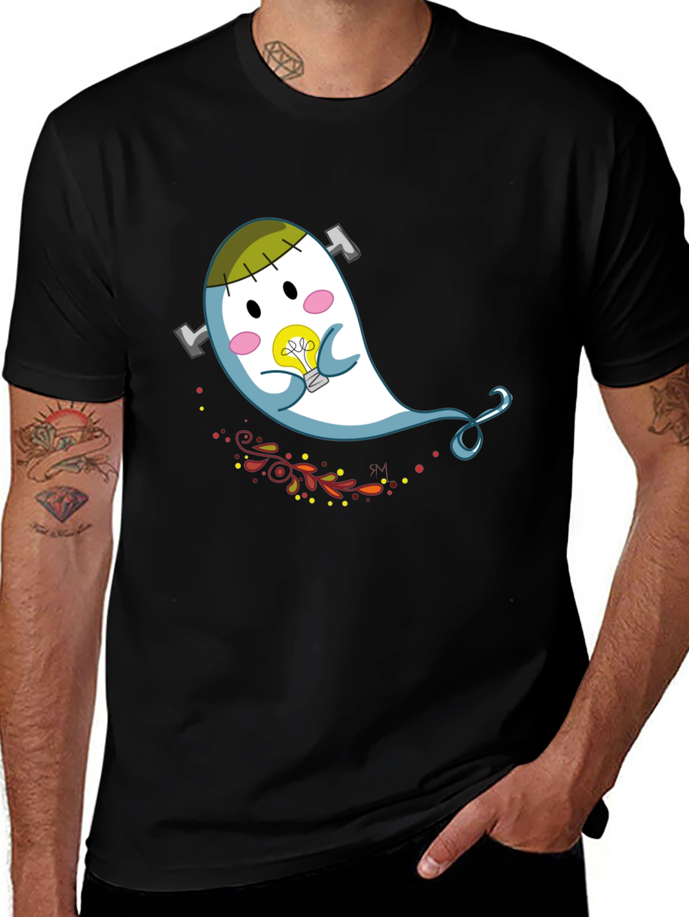 Cute Cartoon Ghost Graphic Tee - Black Cotton T-Shirt