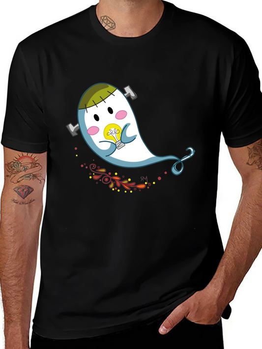 Cute Cartoon Ghost Graphic Tee - Black Cotton T-Shirt