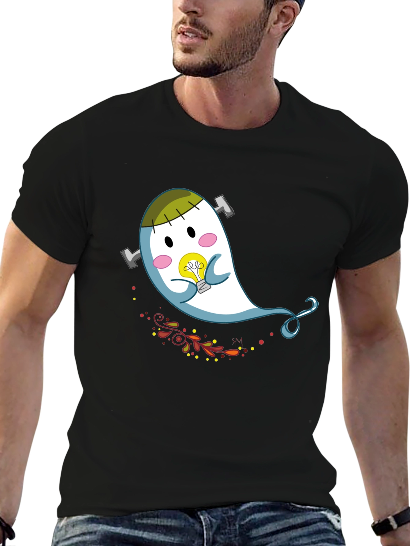Cute Cartoon Ghost Graphic Tee - Black Cotton T-Shirt
