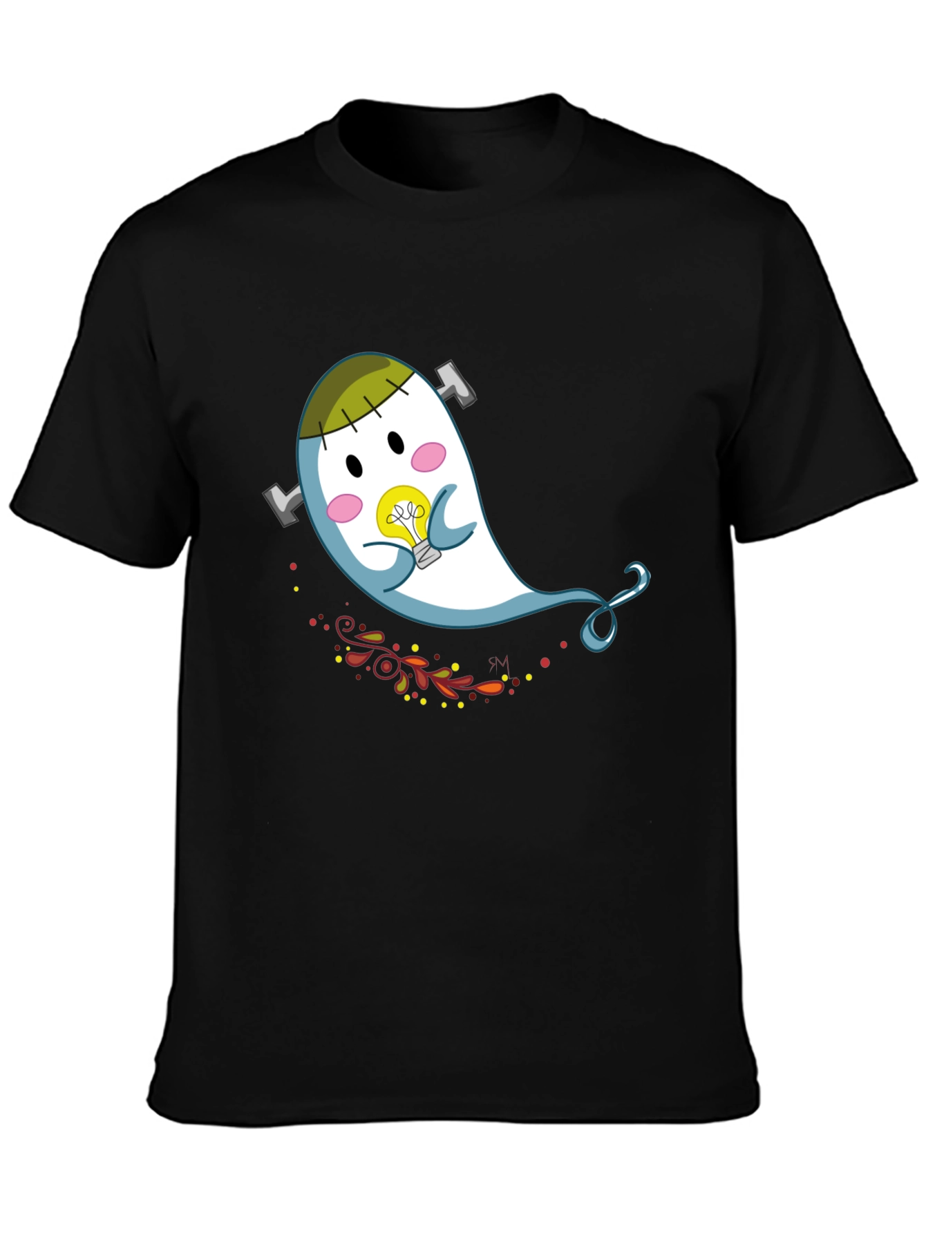 Cute Cartoon Ghost Graphic Tee - Black Cotton T-Shirt